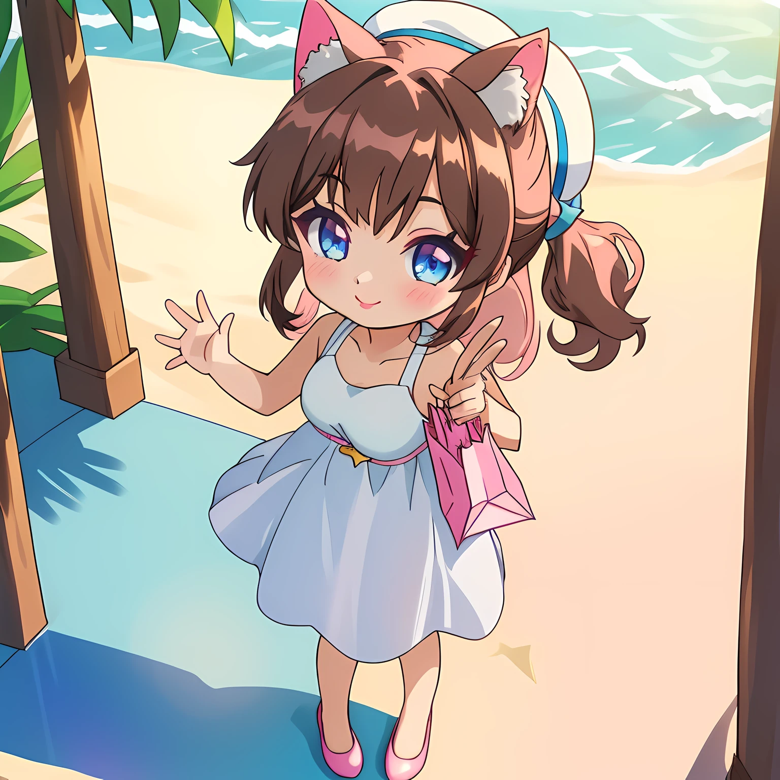 (Highly Detailed CG Unity 8k Wallpaper), (Top Quality), (Super Detail), (Best Illustration), (Best Shadow), POV, Realistic Lighting and Shading, Natural Light, Lens Flare Effect, BREAK, 1 beautiful girl, solo, (Cute: 1.5), (Chibi: 0. 8), (Kawaii: 1.5), (: 0. 5), BREAK, ((17 year old girl), very detailed, colorful, best detail, BREAK, (big tits: 1. 2,), clear skin, beautiful skin, shy, 1 beautiful girl, brown hair, (cat ears, pony tail, medium long hair: 1. 2), (light blue eyes, long eyelashes, double eyelids: 1.2), solo, glowing skin, BREAK, (casual beachwear: 1.2), (light summer dress: 1.2), (white straw hat: 1.0), (stylish pumps for date night: 1. 0), (star-shaped earrings: 1.1), (black pantyhose: 1.0), (cute accessories: 1.3) BREAK, (light pink eye shadow, blush, cute lipstick:1.3), (looking up, smiling, waving right hand:1.1), (busy shopping mall, shopping date, arm in arm with boyfriend:1.2),