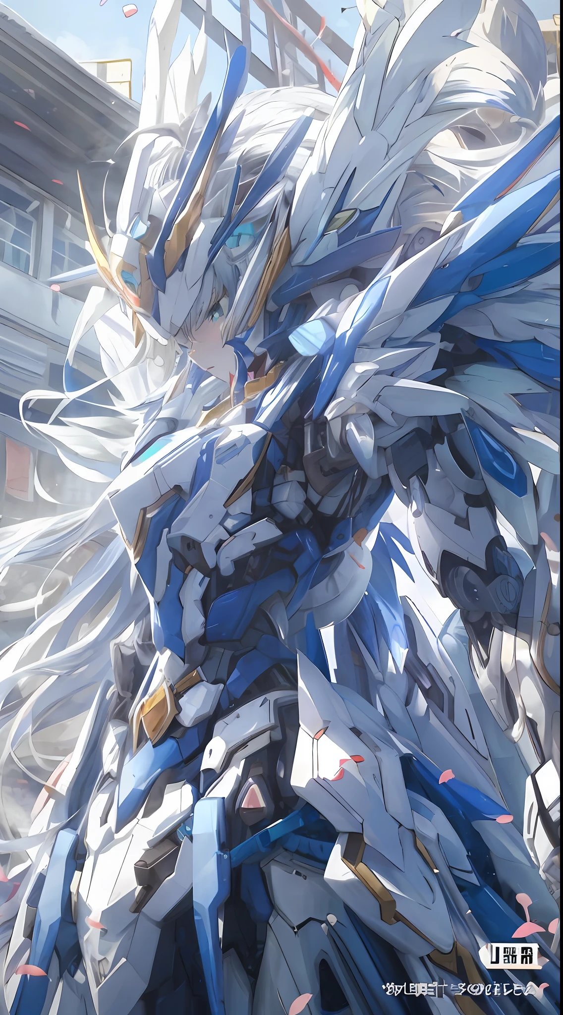 8K quality, highly detailed anime, blue colors，golden colored，white colors，Mechanical armor，mechs，Cat-eared girl with white ponytail，mechs