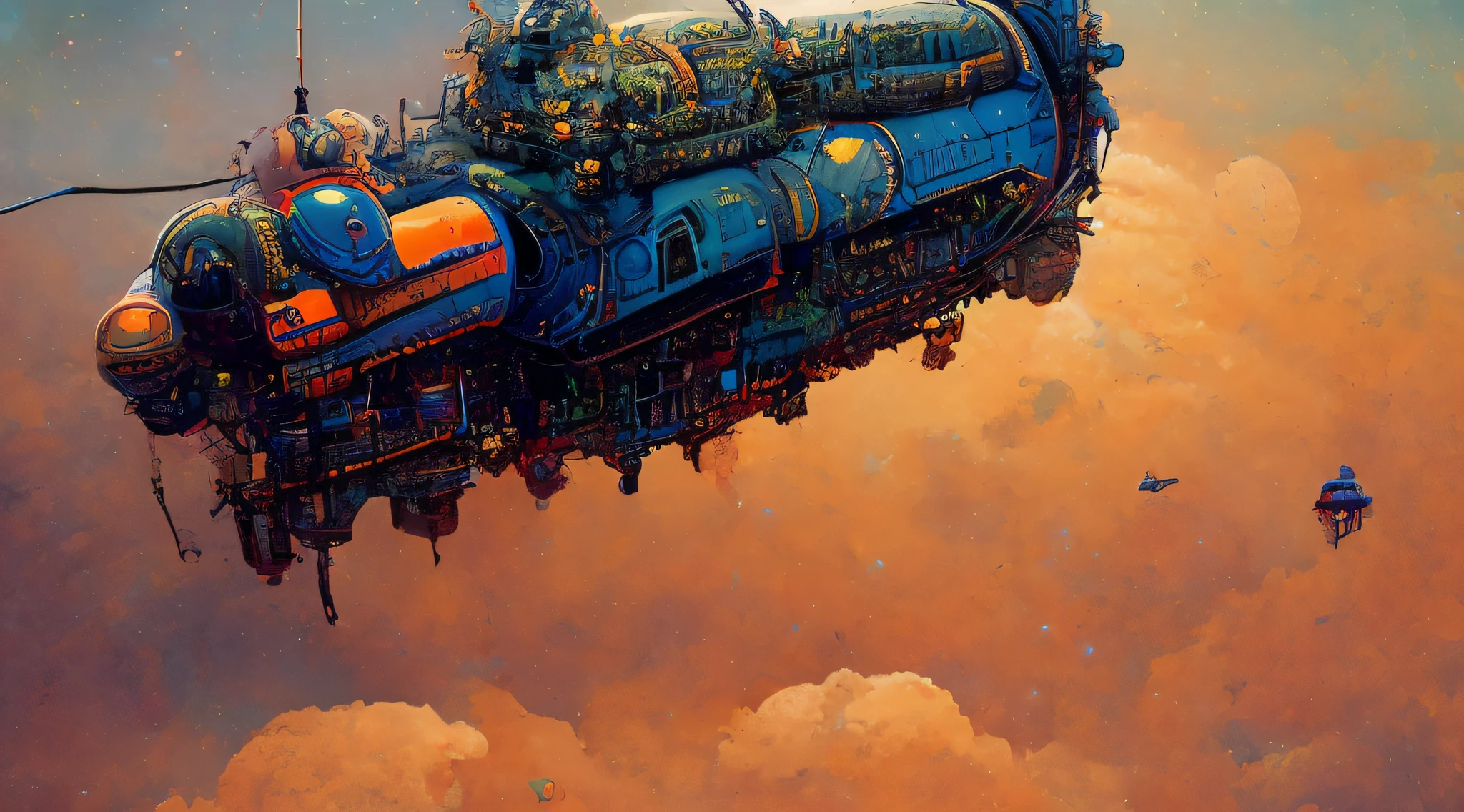 textless, photo of intricate detail heavily armed steampunk JovianSkyship floating high above the orange clouds at sunset against a starlit nights sky (photography by cyber-samurai:1.3)