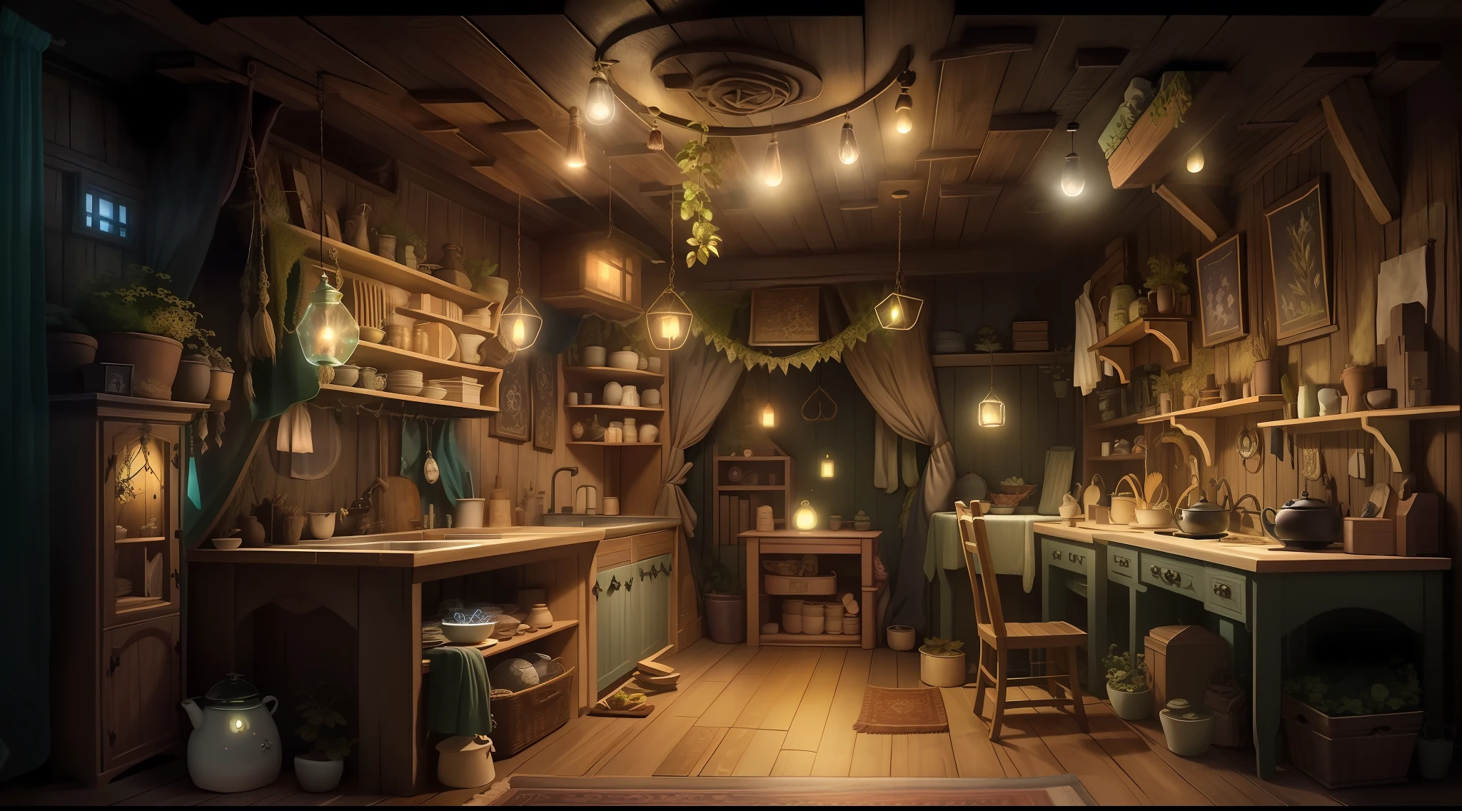 The fairy house is located in a dark forest.、Its interior reflects the mysterious and enchanting atmosphere of the surroundings。When you step in、Soft light drifts from the glowing crystals that emit magical brilliance。The living area has、Delicate fairy light hanging from tree branches creates fantastic patterns on the walls。The kitchen area is dimly lit、Firefly light illuminates rustic wooden countertops and shelves、Magical ingredients and tools are placed。In the bedroom area、The star-like light above your head creates the illusion of sleeping under the night sky.、It creates a dreamlike atmosphere。On the wall、Decorated with splendid tapestries woven with threads that shine in the darkness、Mystical scenes of the Enchanted Forest are depicted。Using Image Generation AI、Expressing the enchanting darkness that drifts inside the fairy house、Create works that capture the magical interplay of light and shadow