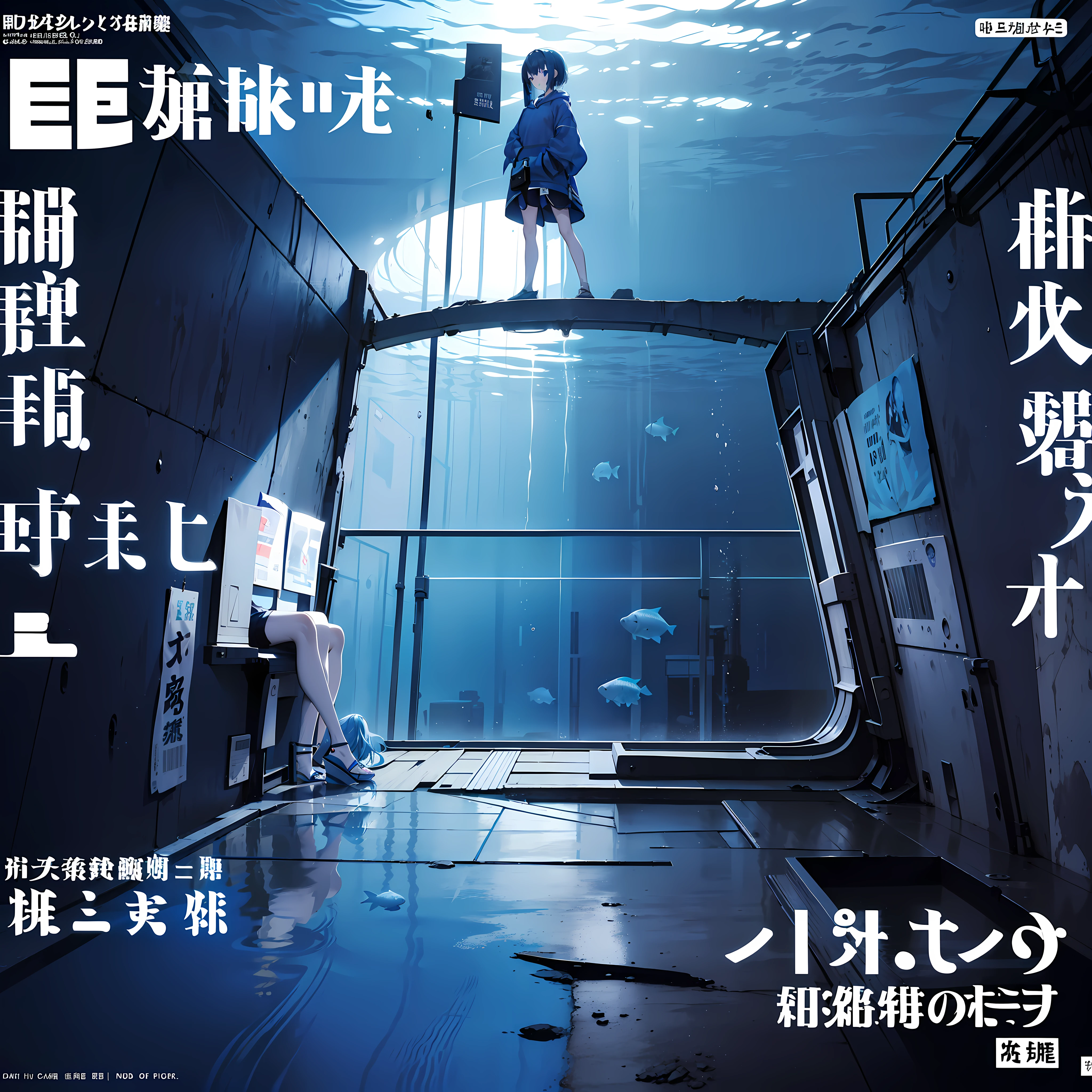masterpiece, best quality, full body, (1girl), (blue hoodie), (girl Messy Japanese Round Haircut for Thick Hair), (blue hair), black shorts, (solo), (magazine:1.3), (cover-style:1.3), fashionable,Under water, (in side tunnel aquarium), dark mood