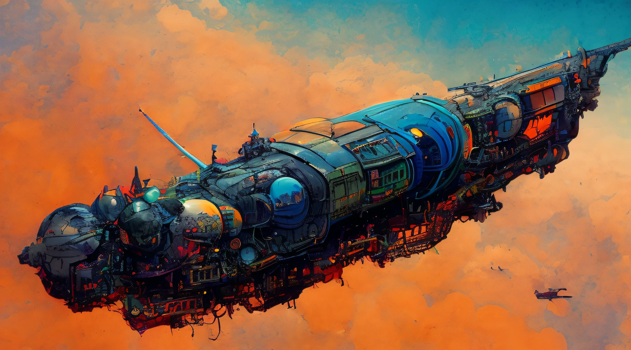 textless, photo of intricate detail heavily armed steampunk JovianSkyship floating high above the orange clouds at sunset against a starlit nights sky (photography by cyber-samurai:1.3)