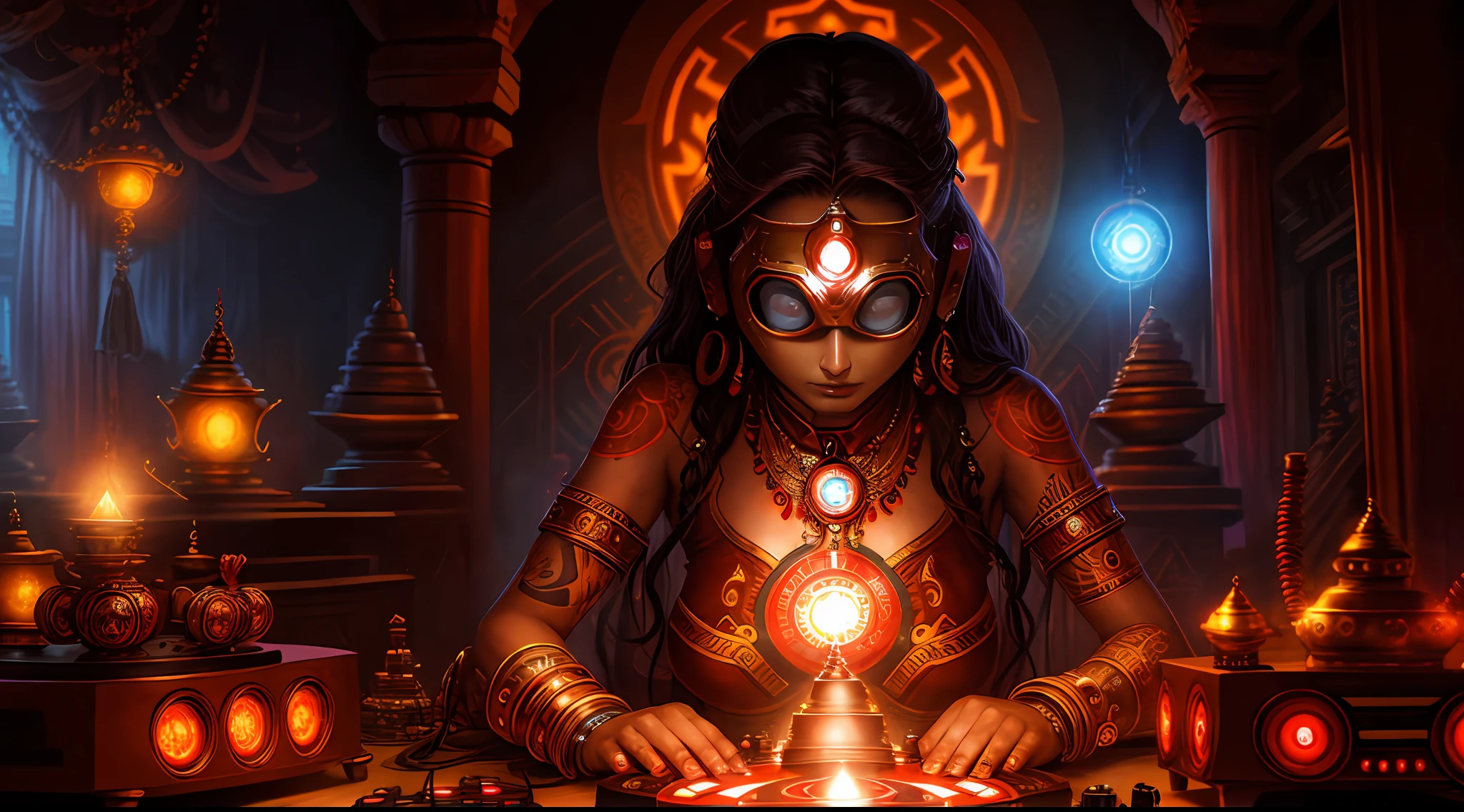 Tantric priestess woman with tattoos and percings and an ironman mask mixing music on a DJ turntable in a Hindu temple Ultra-realistic photo -- --auto