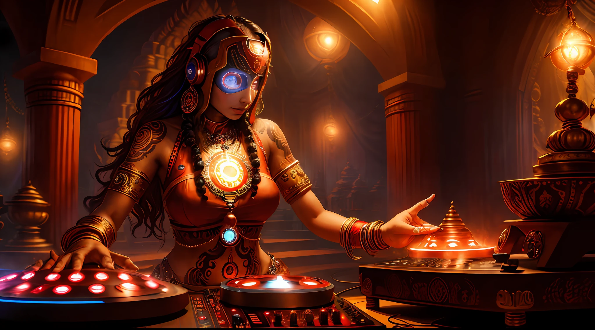 Tantric priestess woman with tattoos and percings and an ironman mask mixing music on a DJ turntable in a Hindu temple Ultra-realistic photo -- --auto