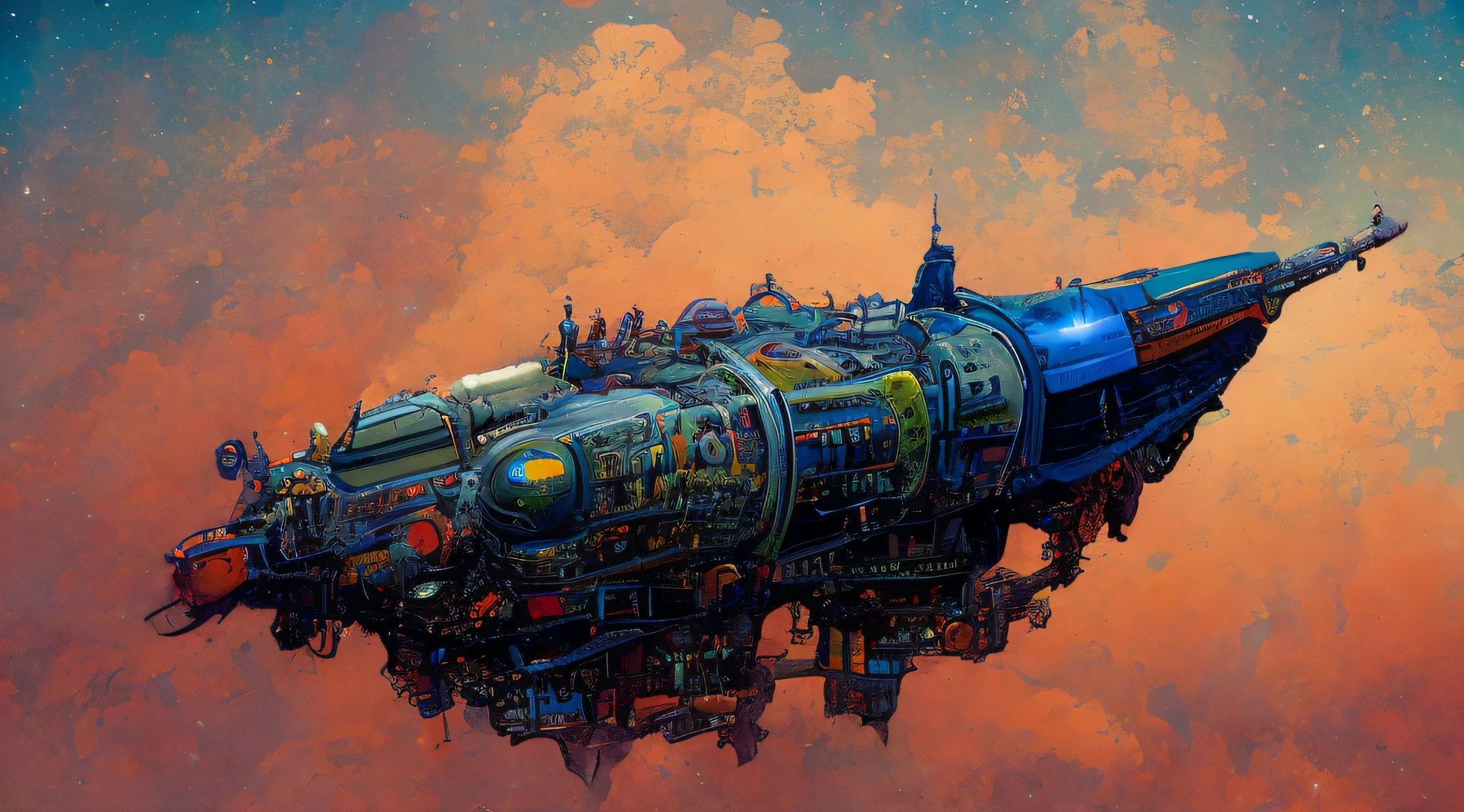 textless, photo of intricate detail heavily armed steampunk JovianSkyship floating high above the orange clouds at sunset against a starlit nights sky (photography by cyber-samurai:1.3)