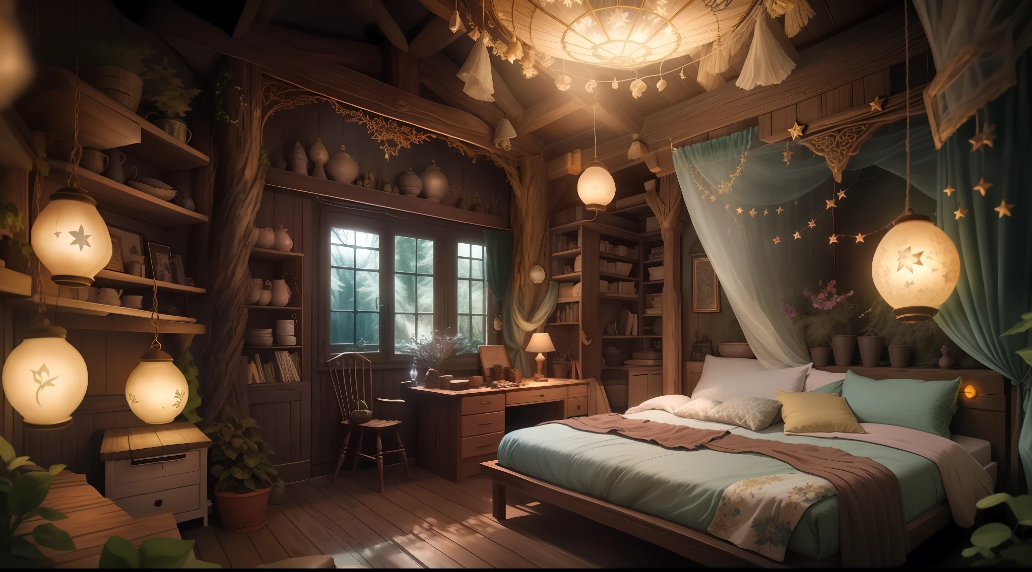 The fairy house is located in a dark forest.、Its interior reflects the mysterious and enchanting atmosphere of the surroundings。When you step in、Soft light drifts from the glowing crystals that emit magical brilliance。The living area has、Delicate fairy light hanging from tree branches creates fantastic patterns on the walls。The kitchen area is dimly lit、Firefly light illuminates rustic wooden countertops and shelves、Magical ingredients and tools are placed。In the bedroom area、The star-like light above your head creates the illusion of sleeping under the night sky.、It creates a dreamlike atmosphere。On the wall、Decorated with splendid tapestries woven with threads that shine in the darkness、Mystical scenes of the Enchanted Forest are depicted。Using Image Generation AI、Expressing the enchanting darkness that drifts inside the fairy house、Create works that capture the magical interplay of light and shadow。