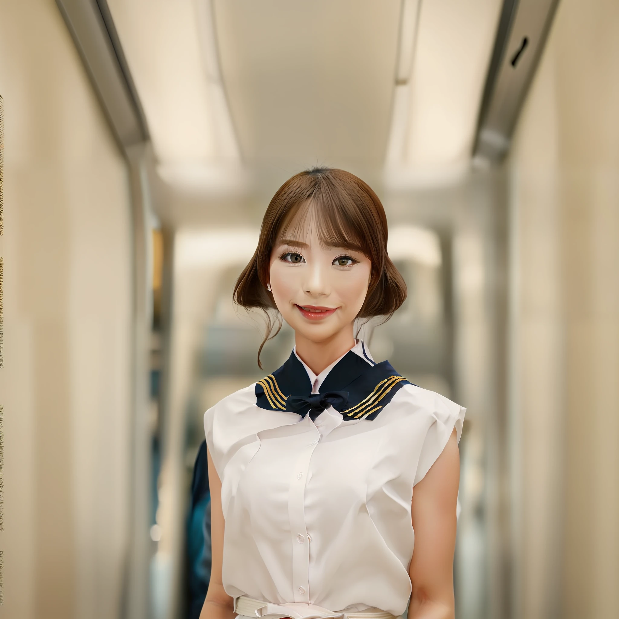 A woman in a flight attendant's uniform, Japan Goddess, ellegance, elegant appearance, high quality upload, Beautiful and elegant,high end, Flight crew，flightattendantuniform, elegant high quality, very elegant, Beautiful flight attendant，Aircraft service personnel，Travel service personnel，Momonogi，Realiy，Delicate，