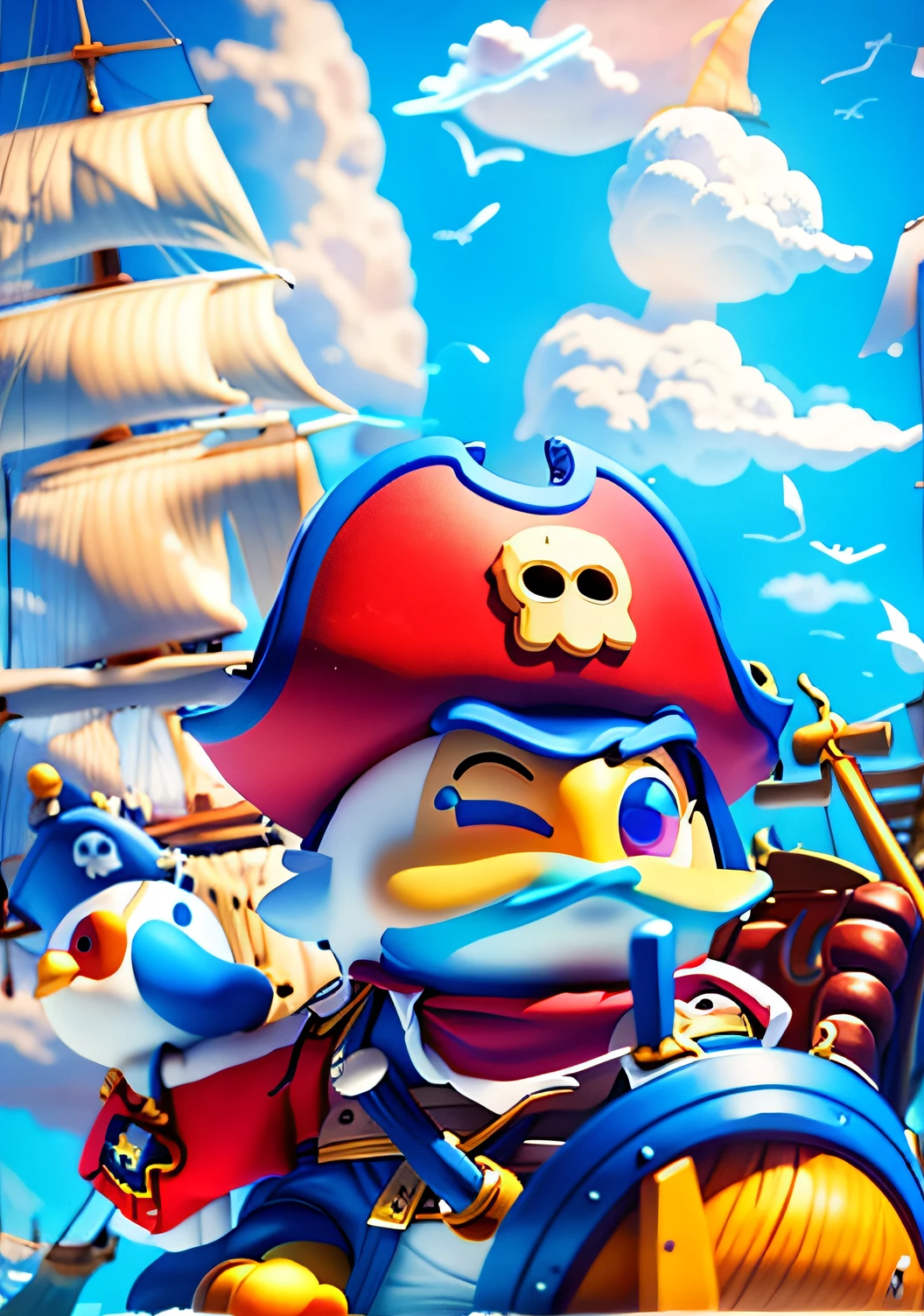 Pirates drive pirate ships,pirate ships,a pirate,little duck,with blue sky and white clouds,having fun,Sail,oar,