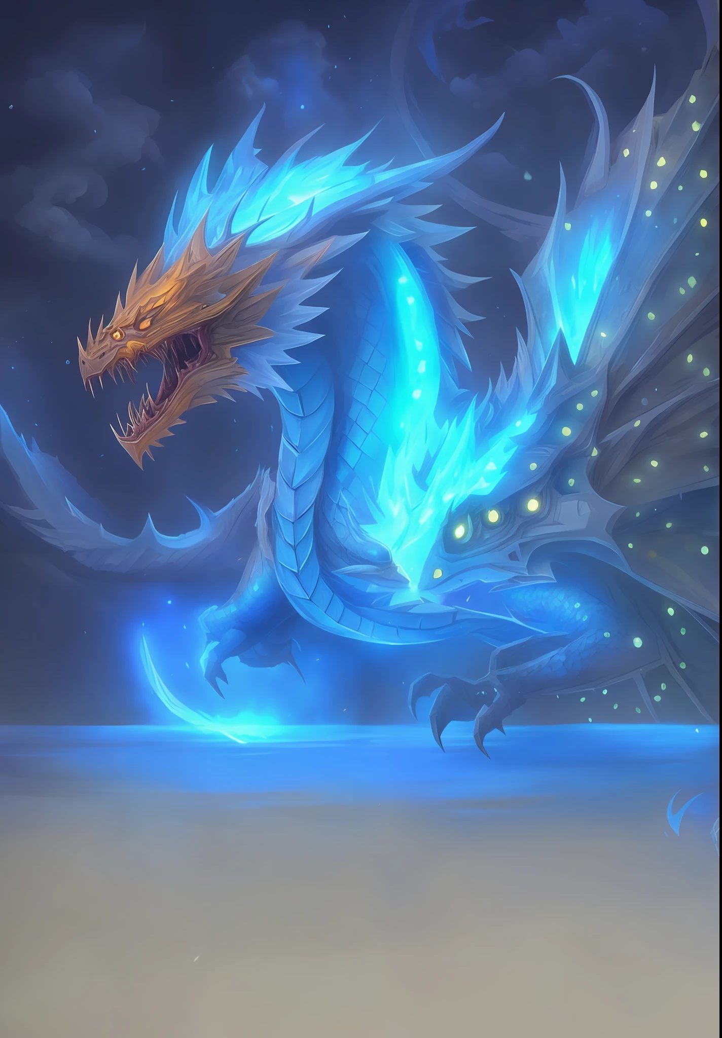 A blue dragon with lightning comes out of its mouth...., storm dragon, Lightning Dragon Attack, epic dragon, cyan chinese dragon fantasy, blue scaled dragon, blue dragon, legendary dragon, charging through a dragons lair, colossal dragon as background, Hearthstone Fantasy Art Style, frost dragon, crystal dragon, Hearthstone Card Art, Blue lightning, Hearthstone Card Art