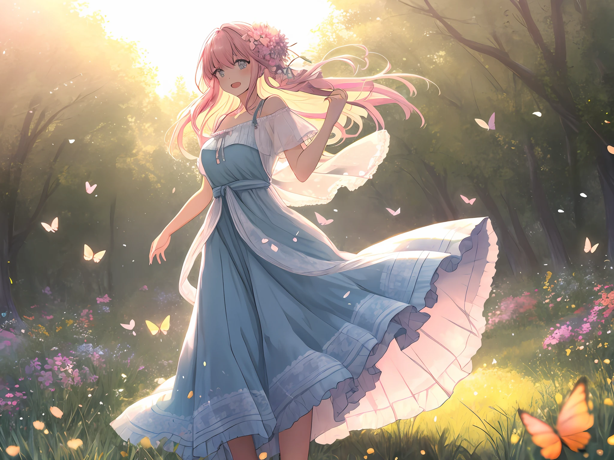 A woman with pastel-pink hair, wearing a flowy bohemian dress, gracefully dancing in a sunlit meadow among fluttering butterflies and blooming flowers