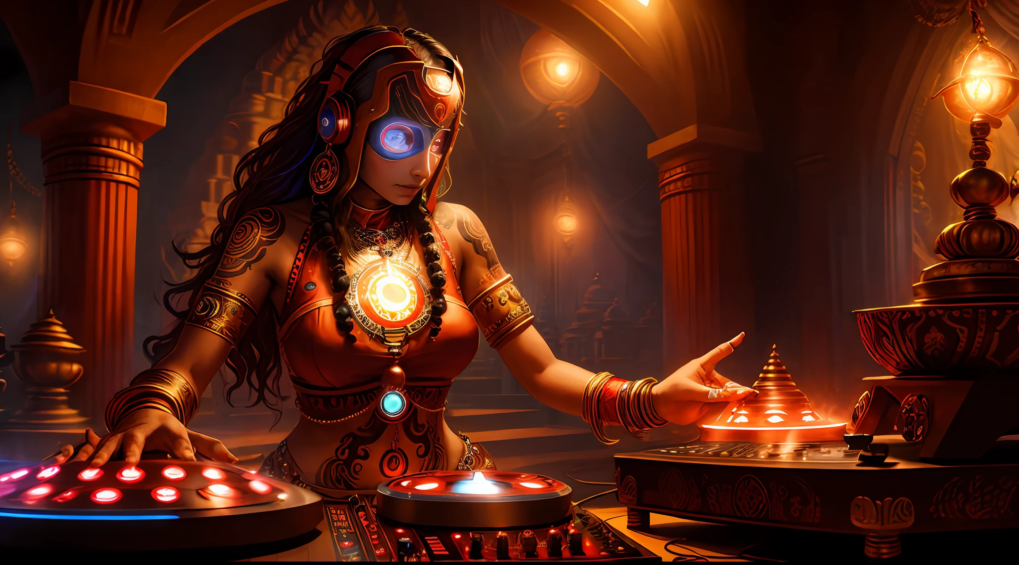 Tantric priestess woman with tattoos and percings and an ironman mask mixing music on a DJ turntable in a Hindu temple Ultra-realistic photo -- --auto