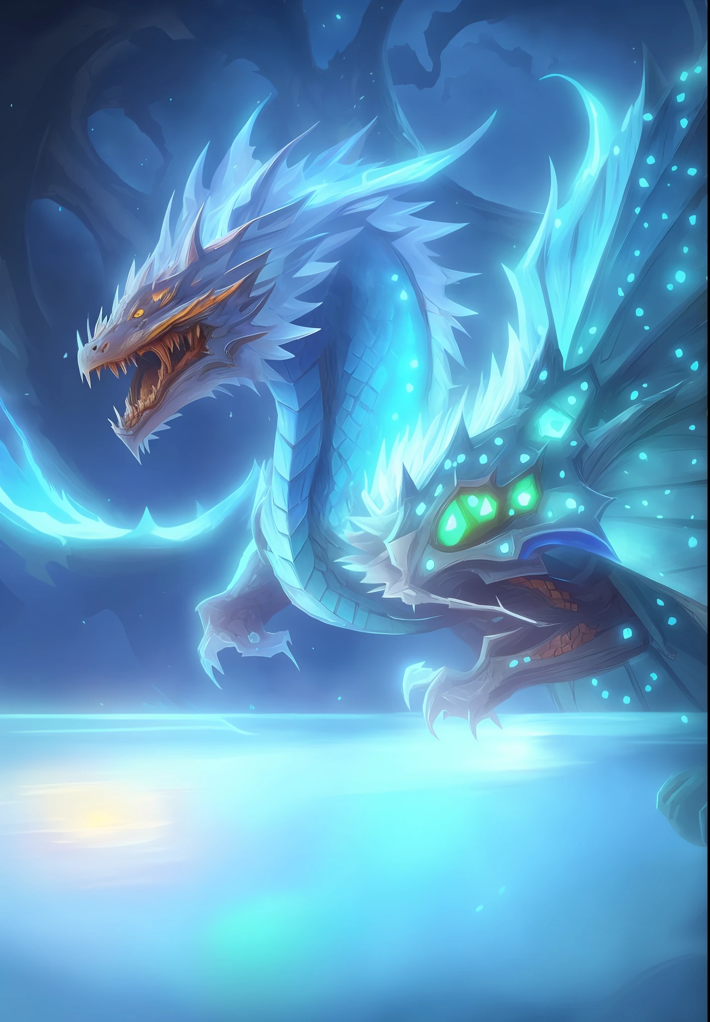 A blue dragon with lightning comes out of its mouth...., storm dragon, Lightning Dragon Attack, epic dragon, cyan chinese dragon fantasy, blue scaled dragon, blue dragon, legendary dragon, charging through a dragons lair, colossal dragon as background, Hearthstone Fantasy Art Style, frost dragon, crystal dragon, Hearthstone Card Art, Blue lightning, Hearthstone Card Art