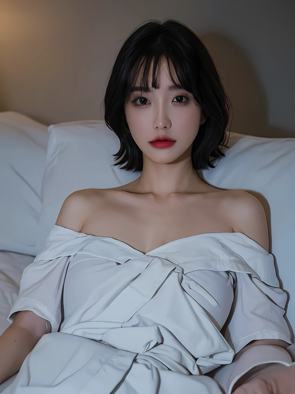 Best quality, masterpiece, ultra high res, (photorealistic:1.5), raw photo, 1girl, offshoulder, in the dark, deep shadow, low key, cold light, sexy look, short hair