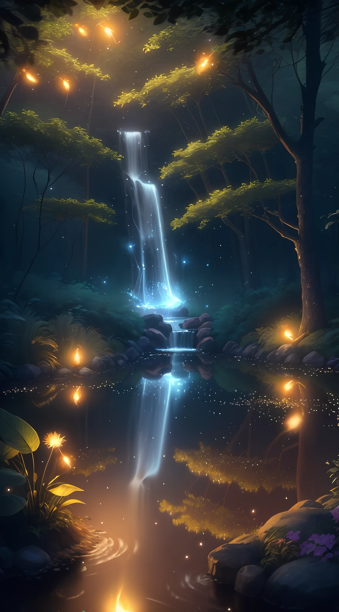 Masterpiece, best quality, (very detailed CG unity 8k wallpaper), (best quality), (best illustration), (best shadows), glow sprite, with a glowing deer, in the swimming pool Drinking water, natural elements in the forest theme. Mysterious forest, beautiful forest, nature, surrounded by flowers, delicate leaves and branches surrounded by fireflies (natural elements), (jungle theme), (leaves), (twigs), (fireflies), (particle effects) etc. 3D , Octane rendering, ray tracing, super detailed