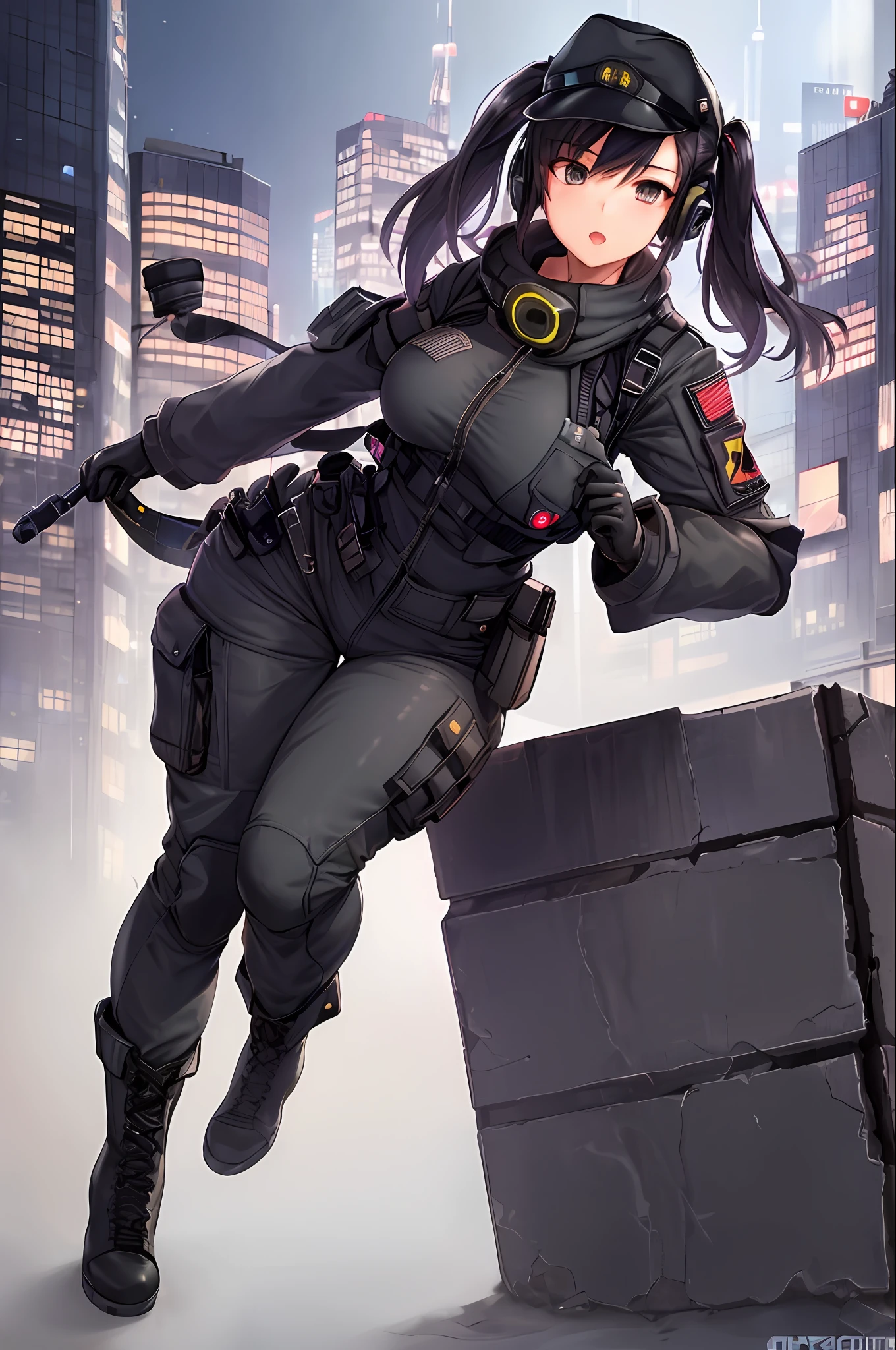 1girl, solo, zip up, baggy pants, chest rig, holster, ammo pouch, neck gaiter, large scarf, patrol cap, headset, microphone, wide hips, breasts, straps, belt, city, dystopia, cyberpunk, ghost in the shell, neon lights, night, stars, moon, rooftop, boob slash, mature woman, full body shot, combat boots boots, curvy, tight fitting clothes, breast pockets, shoulder pads, thigh pads, kneepads, bloused boots, military uniform, headset microphone, detailed background, nipples, helipad,