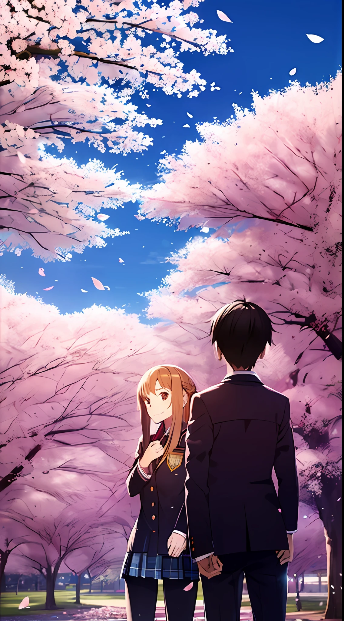 Upper body, vista, one boy and one girl, back-to-back, student uniform, smile, cherry blossoms, petals, sky, campus --auto