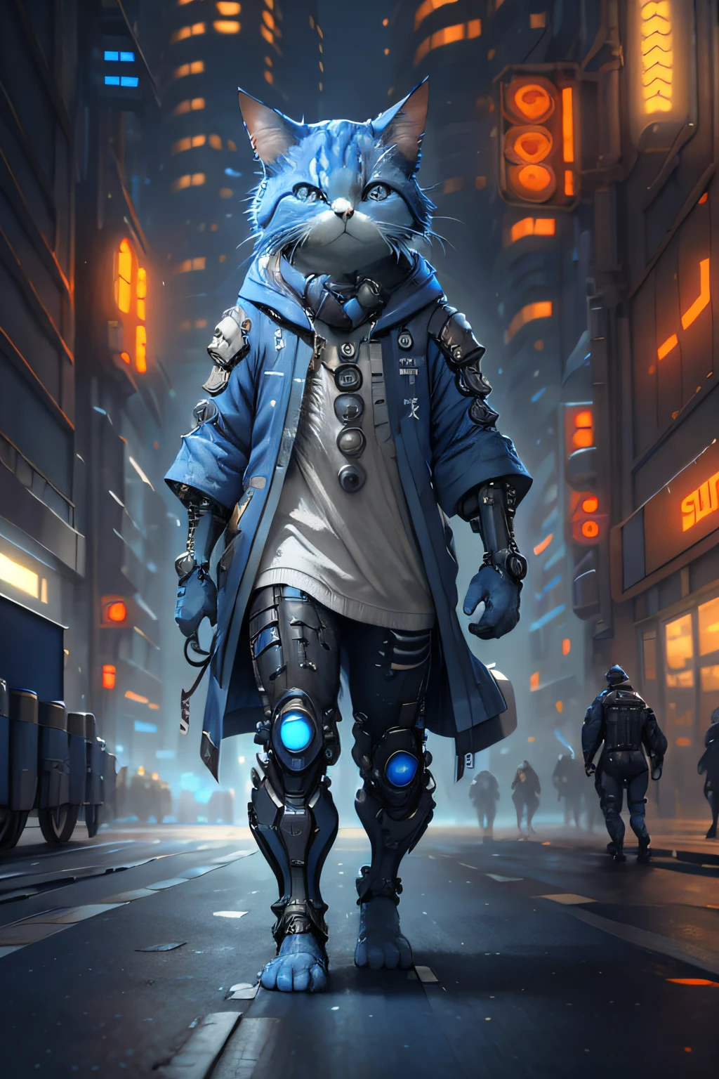 sportrait, Blue-white C4ttitude,mechanical limb,future city street background, cyber punk perssonage