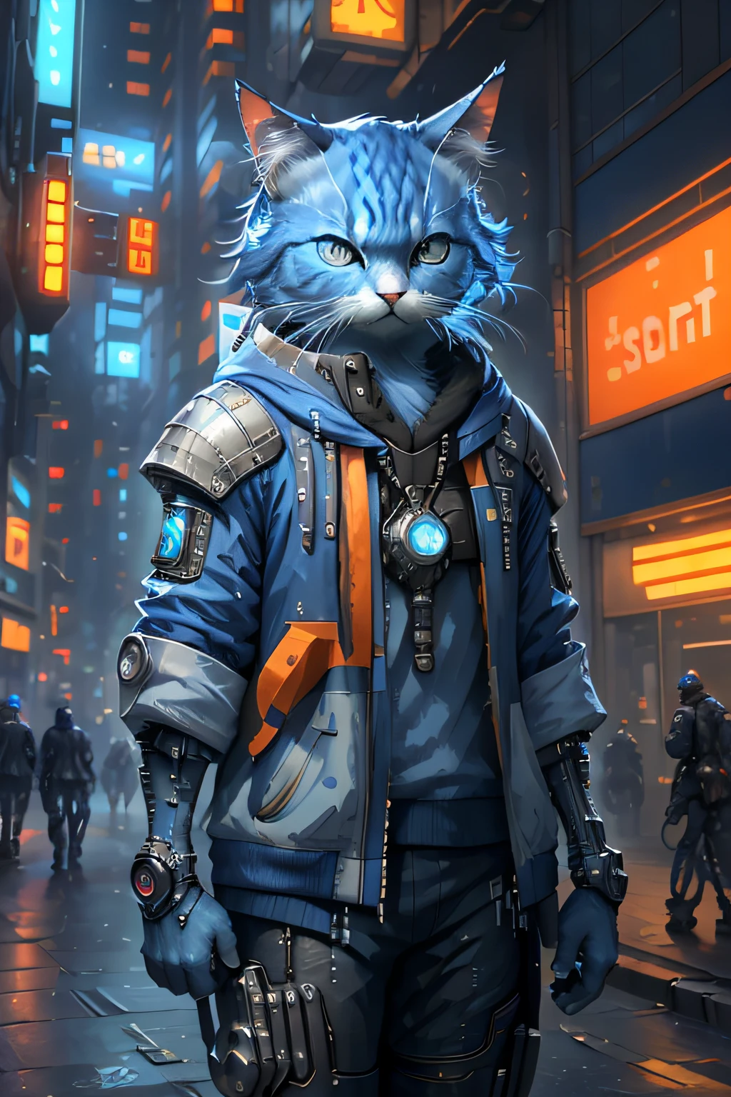 sportrait, Blue-white C4ttitude,mechanical limb,future city street background, cyber punk perssonage