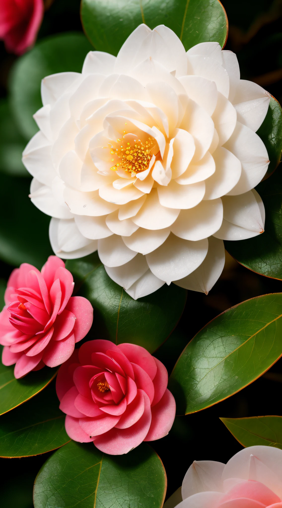 Blooming camellia, dewdrops, close-up shot, background Suzhou garden, ultra HD, ultra-real, photorealistic effects, masterpiece