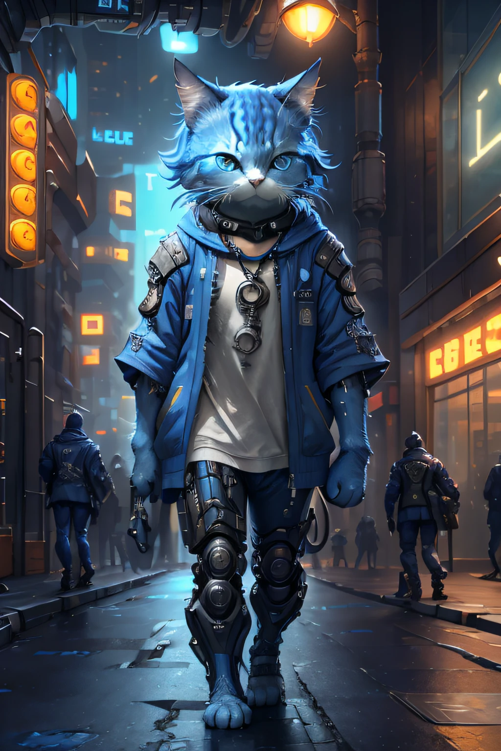 sportrait， Blue-white C4ttitude,mechanical limb,future city street background, cyber punk perssonage