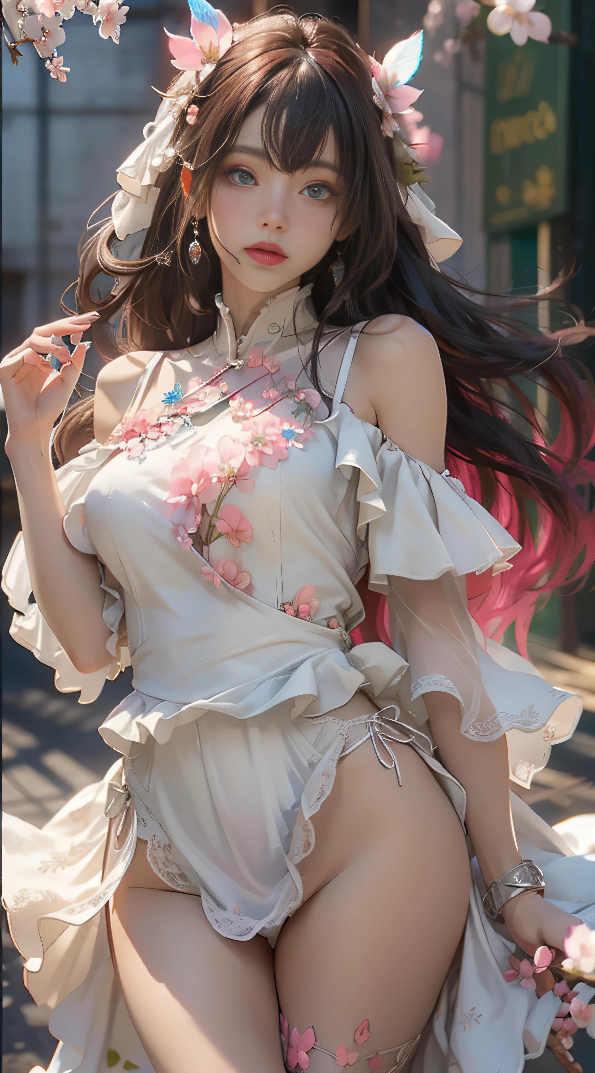 （（best qualtiy））， （（tmasterpiece））， （detail：1.4）， Beautiful cyberpunk female images，hdr（HighDynamicRange），Ray traching，NVIDIA RTX，Hyper-Resolution，illusory 5，sub surface scattering，PBR textures，post-proces，Anisotropy Filtering，depth of fields，maximum definition and sharpness，Many-Layer Textures，Albedo e mapas Speculares，Surface coloring，Mitsu-Accurate simulation of material interactions，perfectly proportioned，rendering by octane，Two-colored light，largeaperture，Low ISO，White balance，Rule three points、8K raw data、Beautiful bright blue pupils，off-the-shoulder clothes，Fine pupils，Delicate face and eyes，long eyelasher，Blushlush，Delicate and fluffy hair，pink lip，Pure，Cute face，Sweet girl，Artistic sense，Casual wear，Advancedsense，butterflys，Cherry blossom petal，Beautiful hair accessories，Long hair and waist，Hair fluttering in the wind，wedding gown，curlies