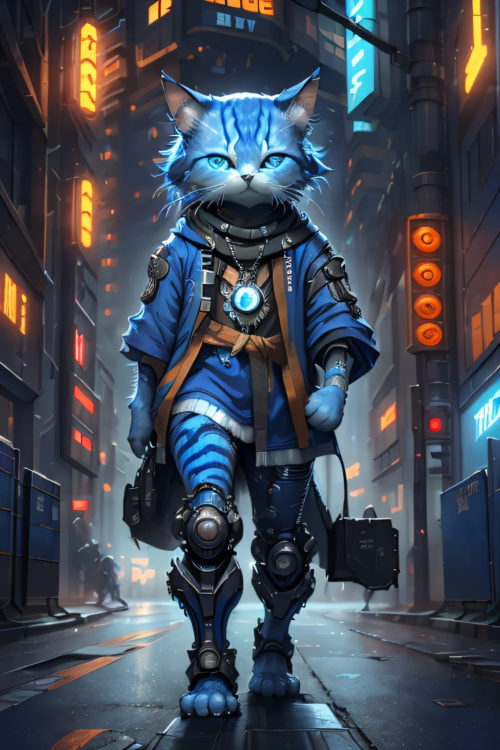 sportrait, Blue-white C4ttitude,mechanical limb,future city street background, cyber punk perssonage