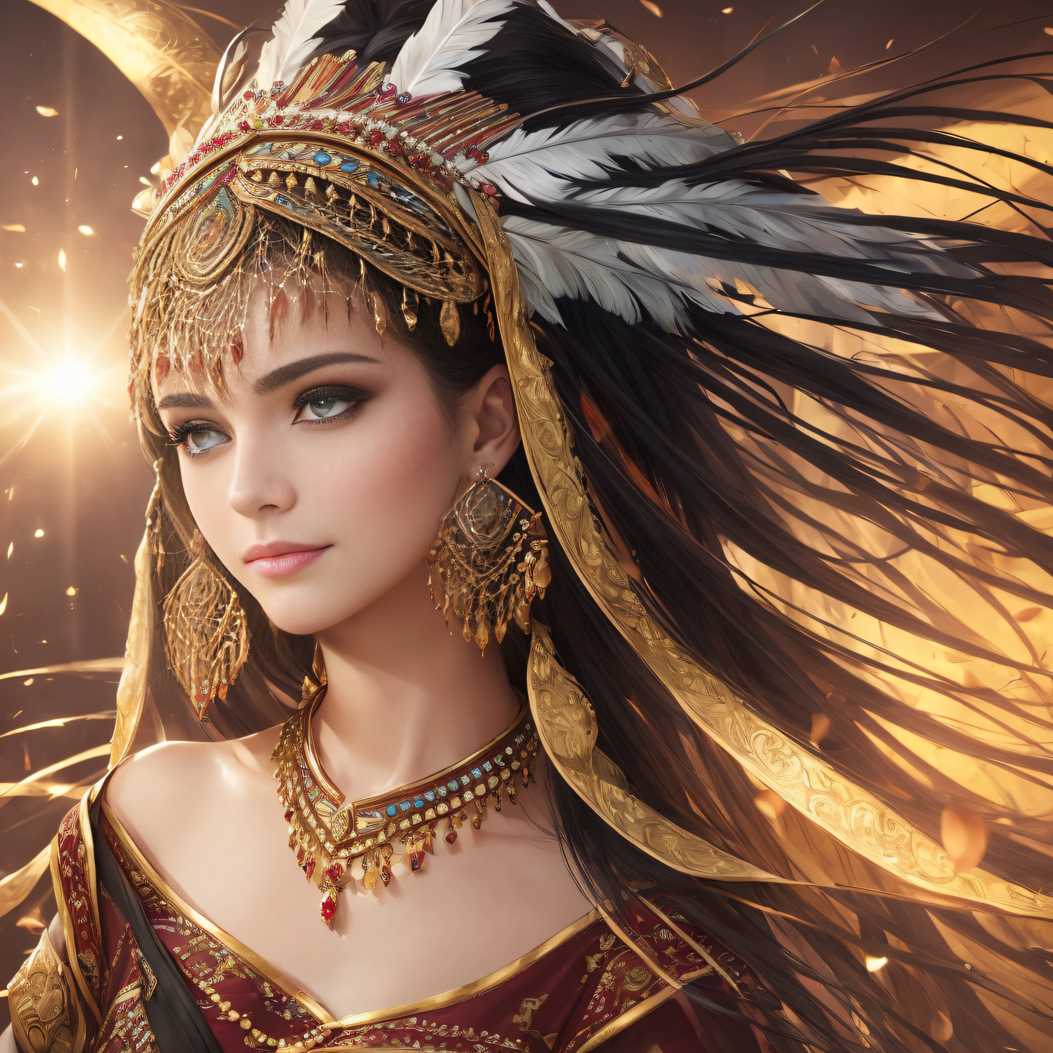 ((Masterpiece:1.2),highest quality:1.1),(dynamic angle:1.2,dynamicposes:1.2,softlighting:1.1), Solo,Textured skin,Beauty tips,Pick dyeing,Crescent headdress,Heavy makeup,Ribbons,Crescent earrings,There are precious stones on the forehead,Beauty mole,Heterochromic pupils,Light smile,A high resolution