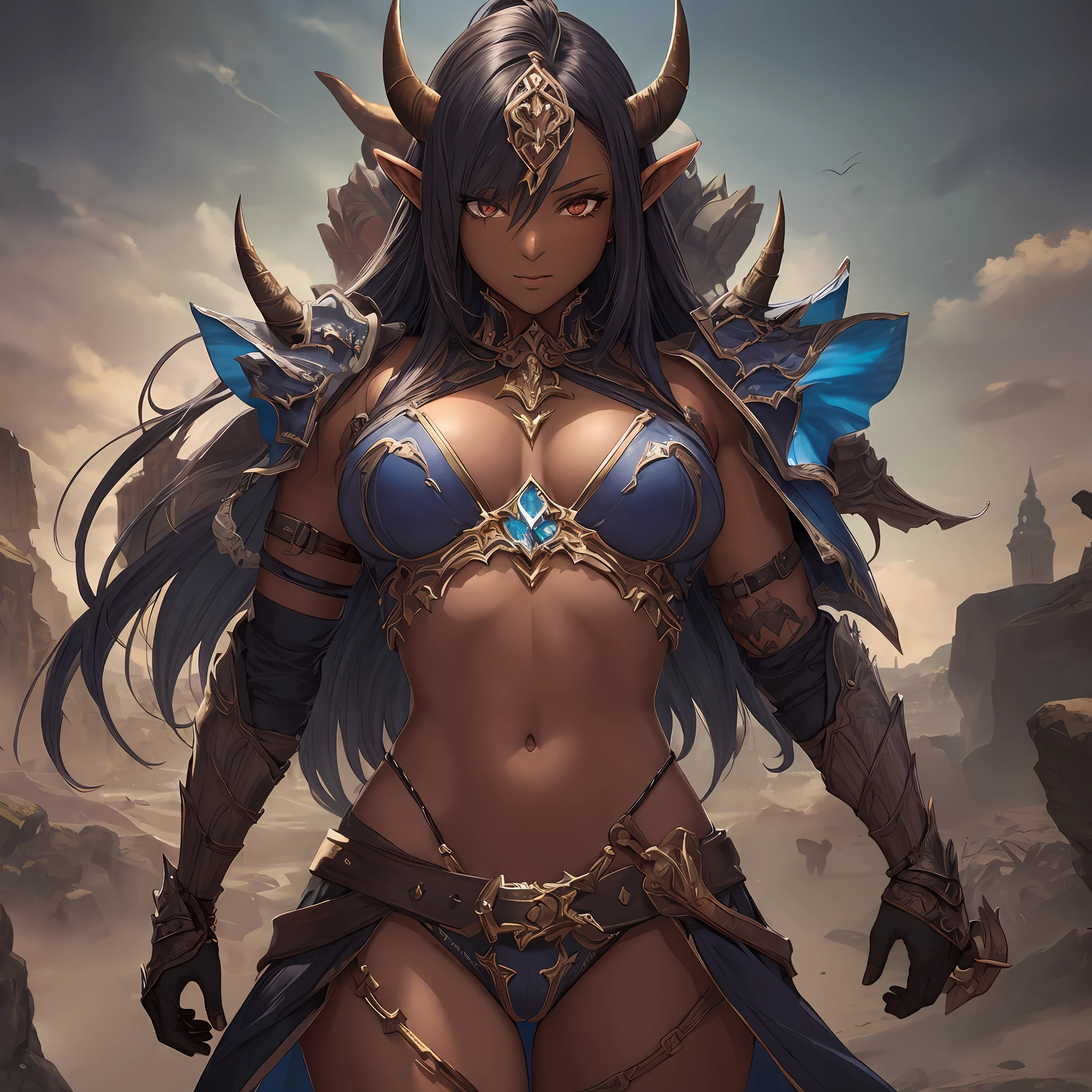 Orcs, female, dark-skinned, horned, armor, strong, highly detailed, masterpiece, shadowverse style