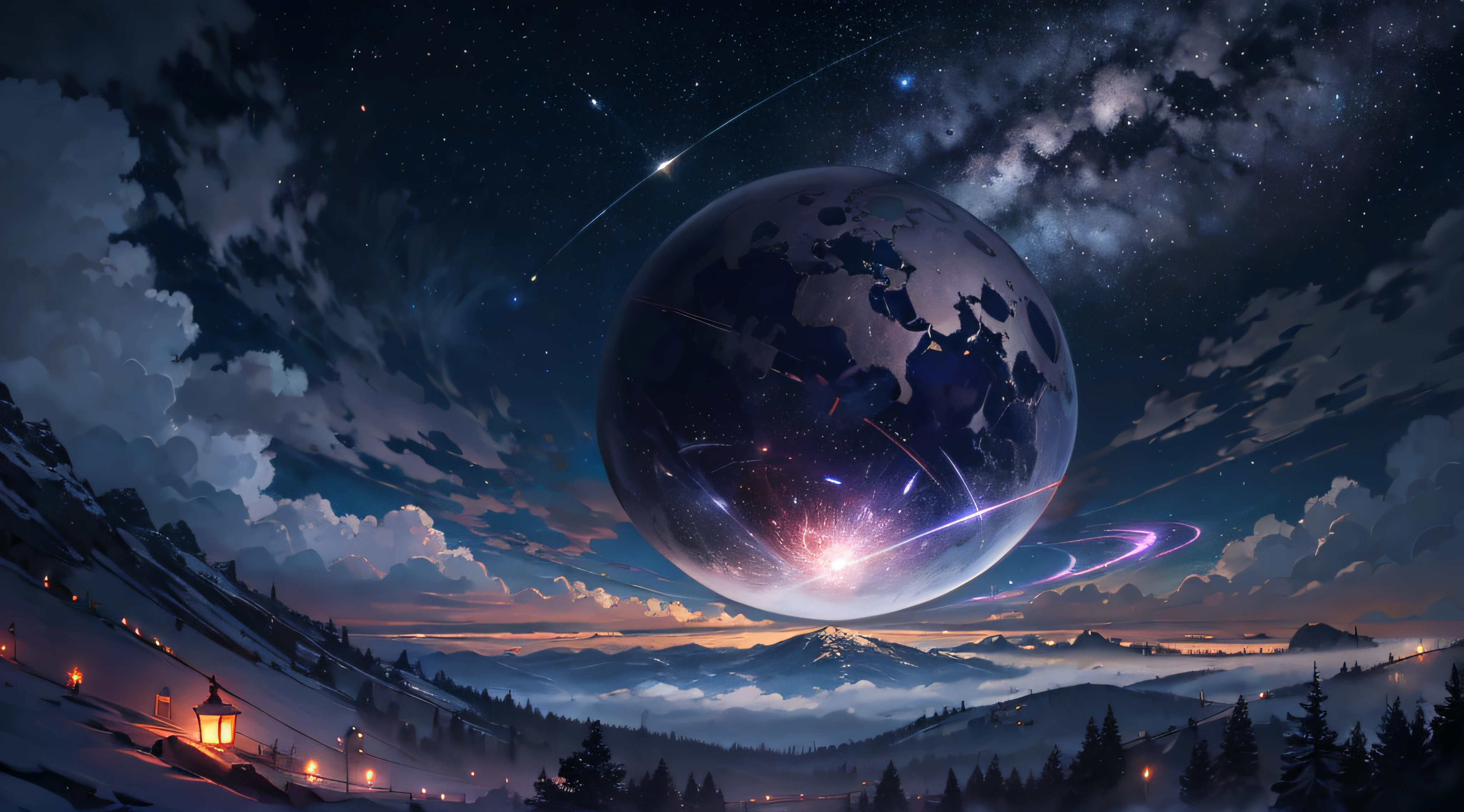Expansive landscape photograph,(moon full:1.2),(meteors:0.9),(Starcloud:1.3),Far Mountain, Tree BREAK making art,(Warm light source:1.2),(glowworm:1.2),lamp lights,Lots of purple and orange,Complicated details,Volumetriclighting,Realism BREAK(tmasterpiece:1.2),(best qualtiy),4K,Ultra-detailed,(dynamic compositions:1.4),The is very detailed,Colorful details,(Irridescent color:1.2),(luminouslighting,Atmospheric lighting),dream magical,magical,(独奏:1.2),((best qualtiy)), ((tmasterpiece)), (the detail:1.4),depth of fields,maximum definition and sharpness,perfectly proportions,Fluttering clouds,Wallpapers