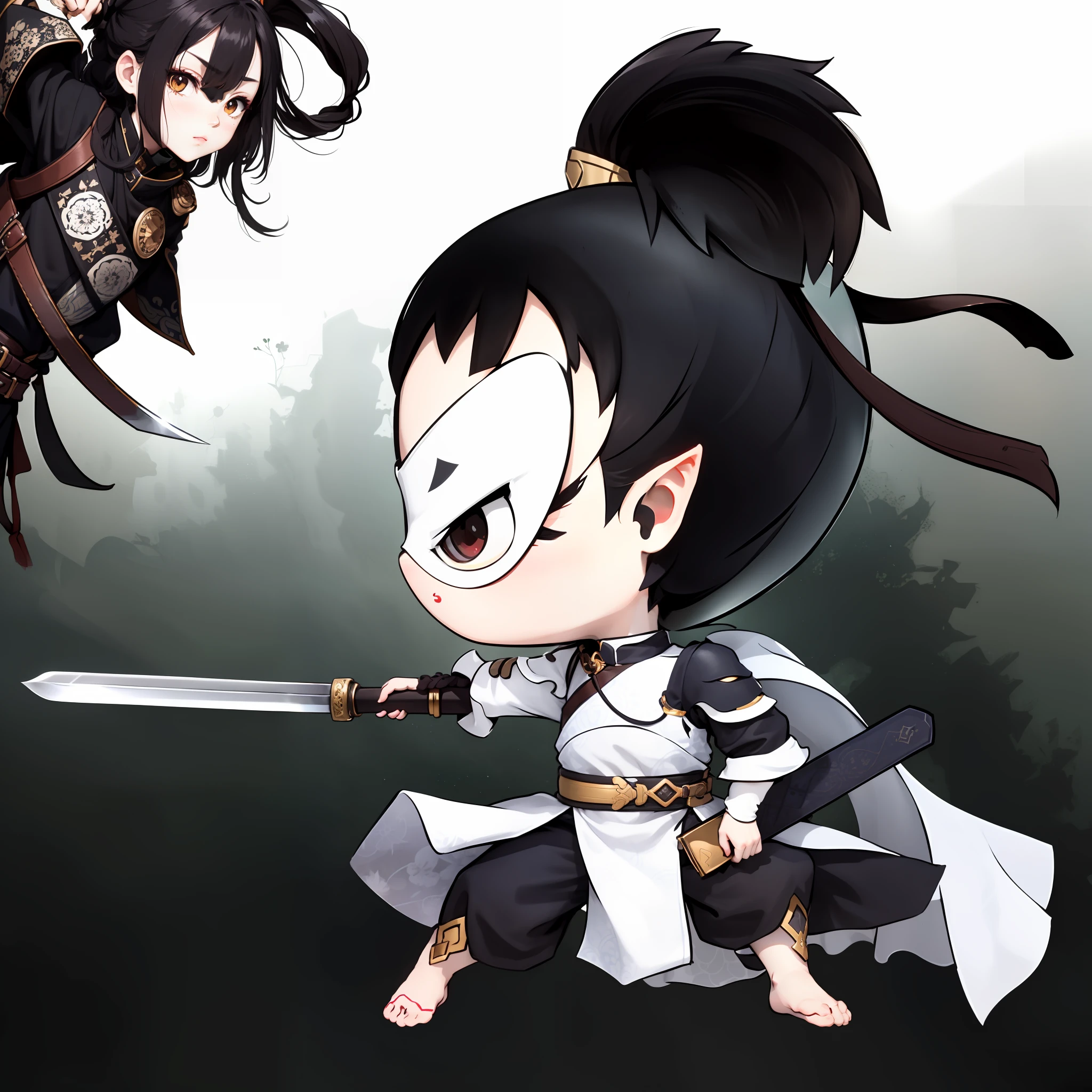 Chibi anime characters，The sword，sword sheath，There is a beautiful pattern on the scabbard，Refinement，Fine painting，Refinement，infinite details，high definition detail，Delicate belt，Belt accessories，Male characters，Blindfolds，sideface，swordsman，dark colored hair，Patterned，Pattern，Blank background，Bright colors，Metal edging