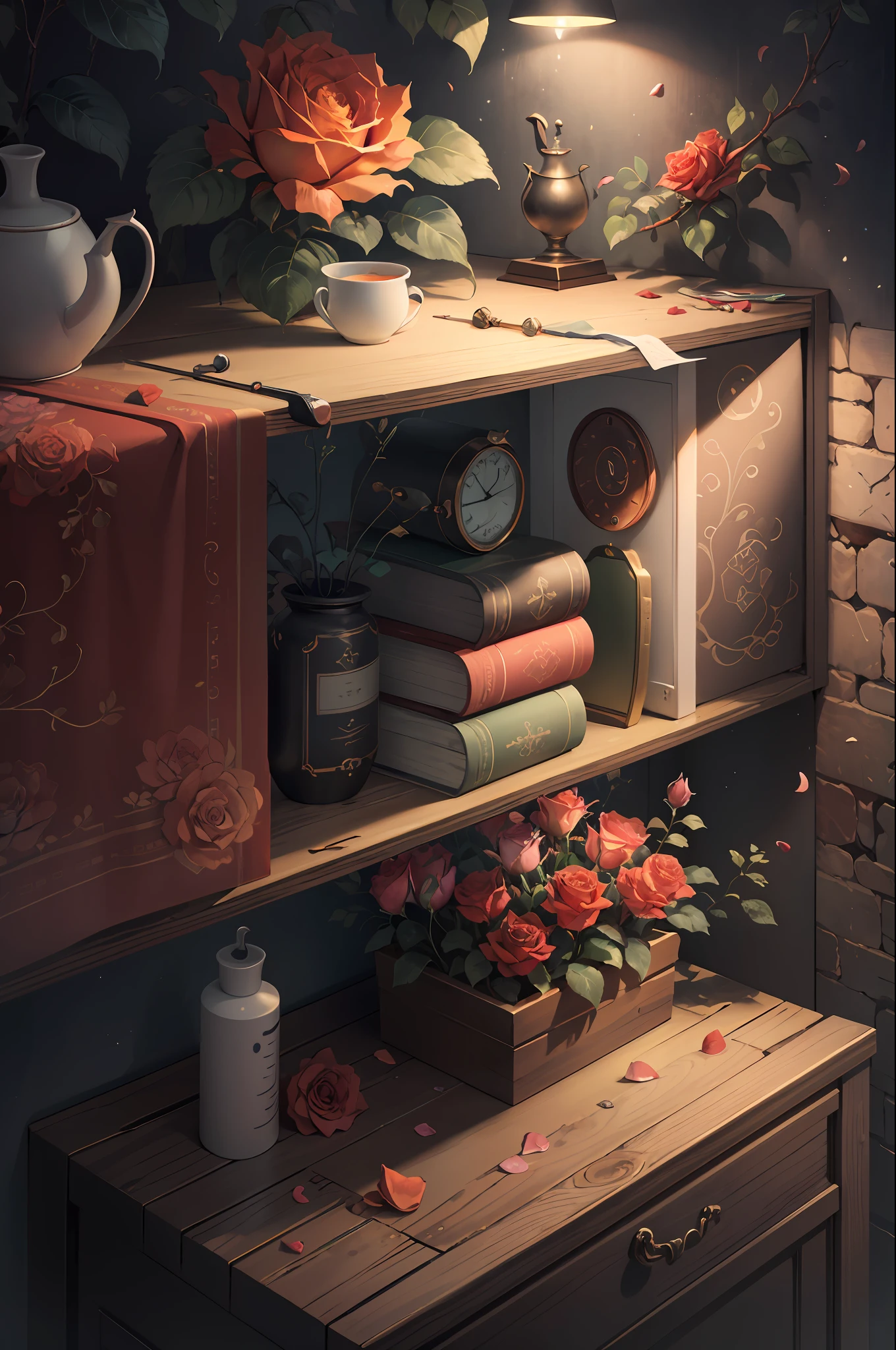 Original,(illustratio:1.1),(best qualtiy),(tmasterpiece:1.1),(the Extremely Detailed CG Unity 8K Wallpapers),(a color:1.2),Rose bushes,Rose petals,scenecy,rios|Wagas,