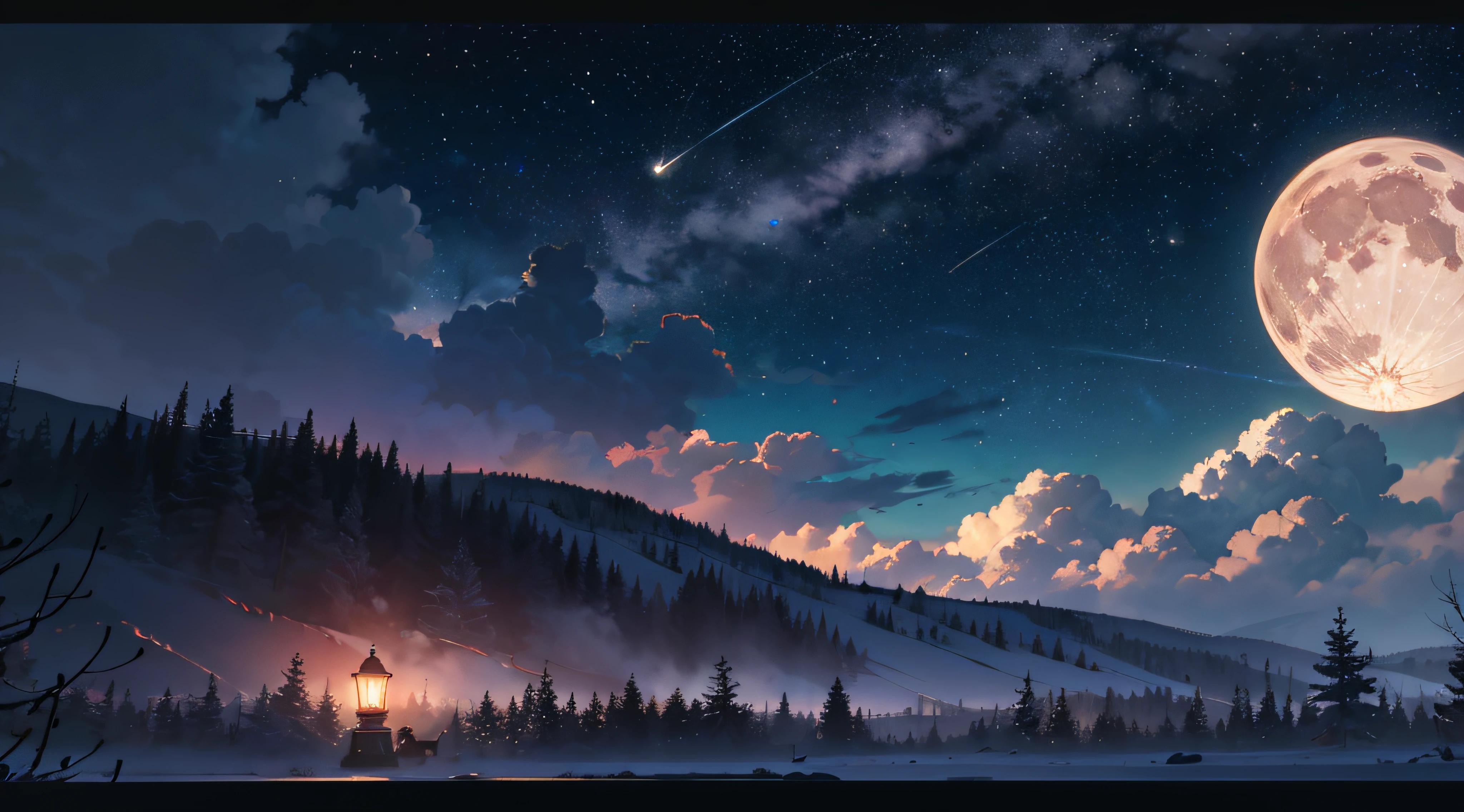 Expansive landscape photograph，（moon full：1.2），（meteors：0.9），（Starcloud：1.3），Far Mountain, Tree BREAK making art，（Warm light source：1.2），（glowworm：1.2），lamp lights，Lots of purple and orange，Complicated details，Volumetriclighting，Realism BREAK（tmasterpiece：1.2），（best qualtiy），4K，Ultra-detailed，（dynamic compositions：1.4），The is very detailed，Colorful details，（Irridescent color：1.2），（luminouslighting，Atmospheric lighting），dream magical，magical，（独奏：1.2），（（best qualtiy））， （（tmasterpiece））， （the detail：1.4），depth of fields，maximum definition and sharpness，perfectly proportions，Fluttering clouds，Wallpapers