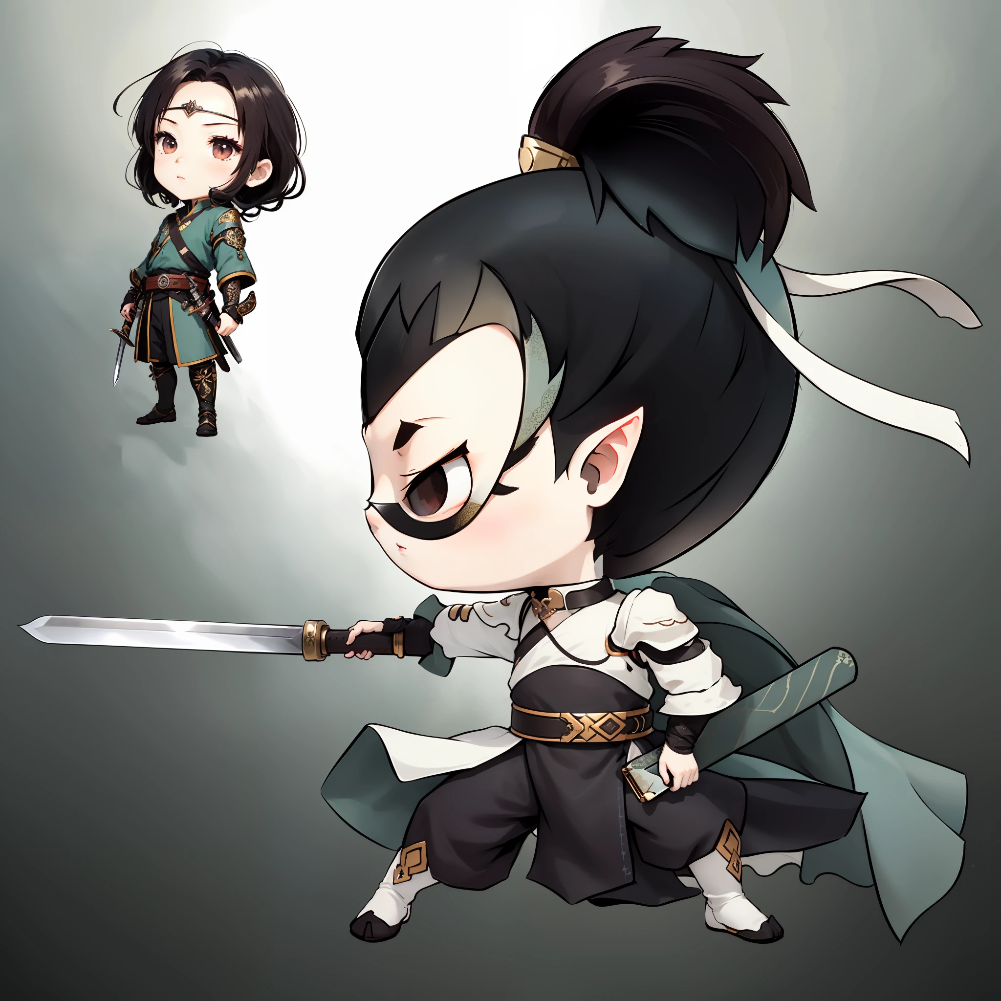 Chibi anime characters,The sword,sword sheath,There is a beautiful pattern on the scabbard,Refinement,Fine painting,Refinement,infinite details,high definition detail,Delicate belt,Belt accessories,Male characters,Blindfolds,sideface,swordsman,dark colored hair,Patterned,Pattern,Blank background,Bright colors,Metal edging