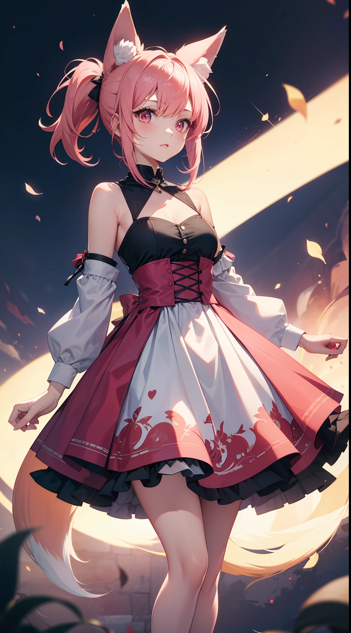Tall girl, short pink hair, high ponytail, Fox ears, pink eyes, Fox tails, light dress, open shoulders, Masterpiece, hiquality