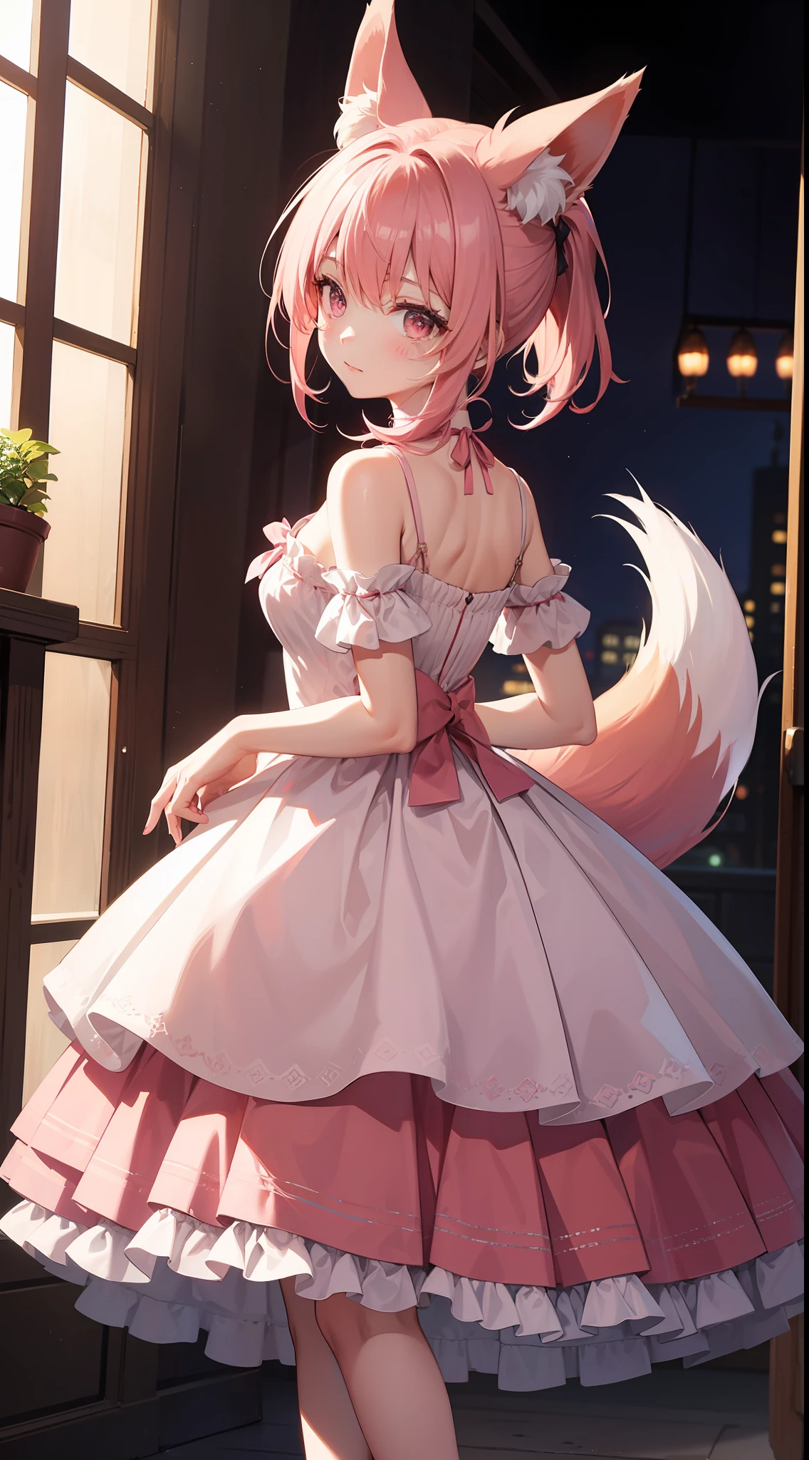 Tall girl, short pink hair, high ponytail, Fox ears, pink eyes, Fox tails, light dress, open shoulders, Masterpiece, hiquality