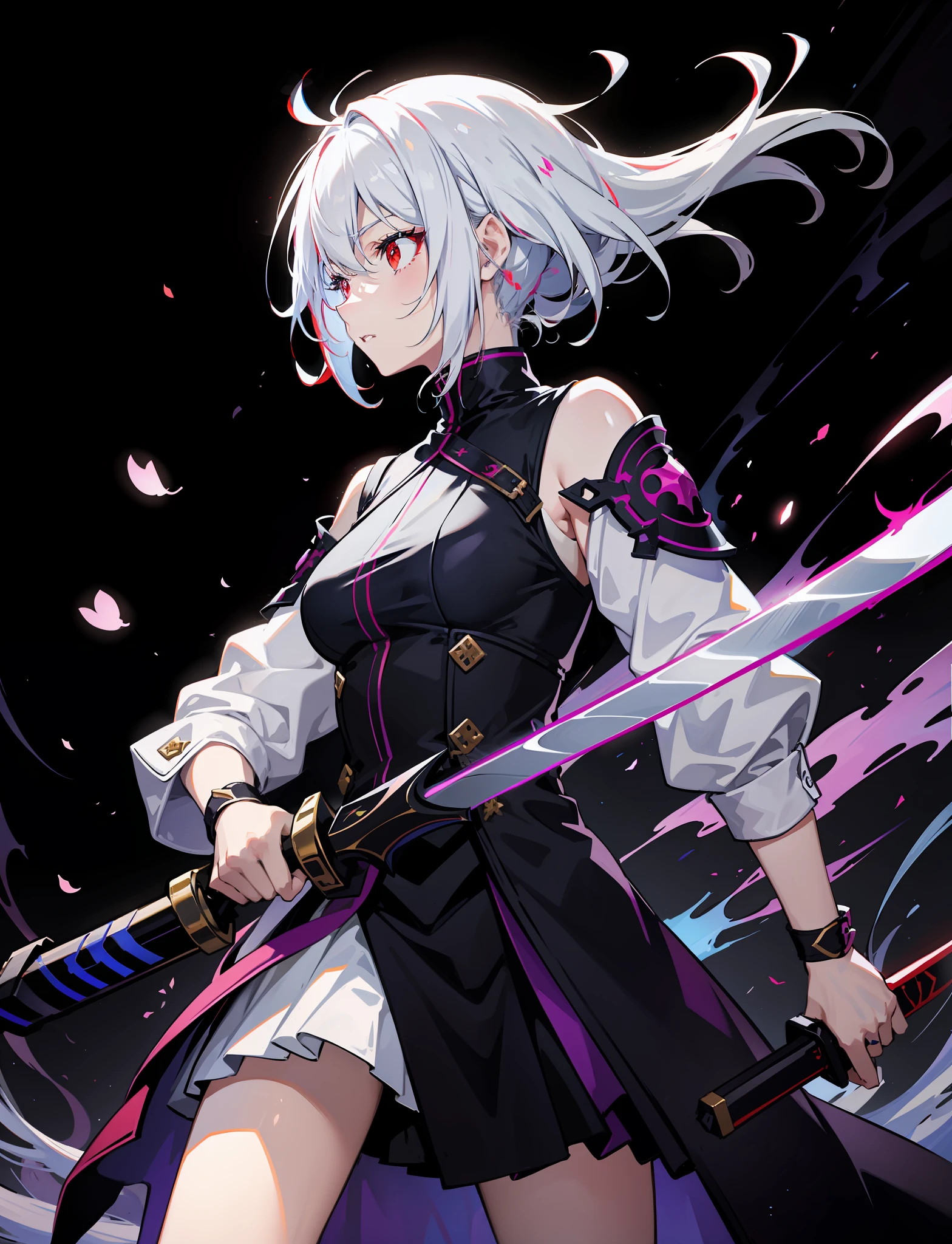 colorful, 1girll, Long white hair, Red eyes, dual wielding, The sword, clutching a sword, blue flame, with light glowing, glowing weapon, light particules, the wallpaper, color difference,