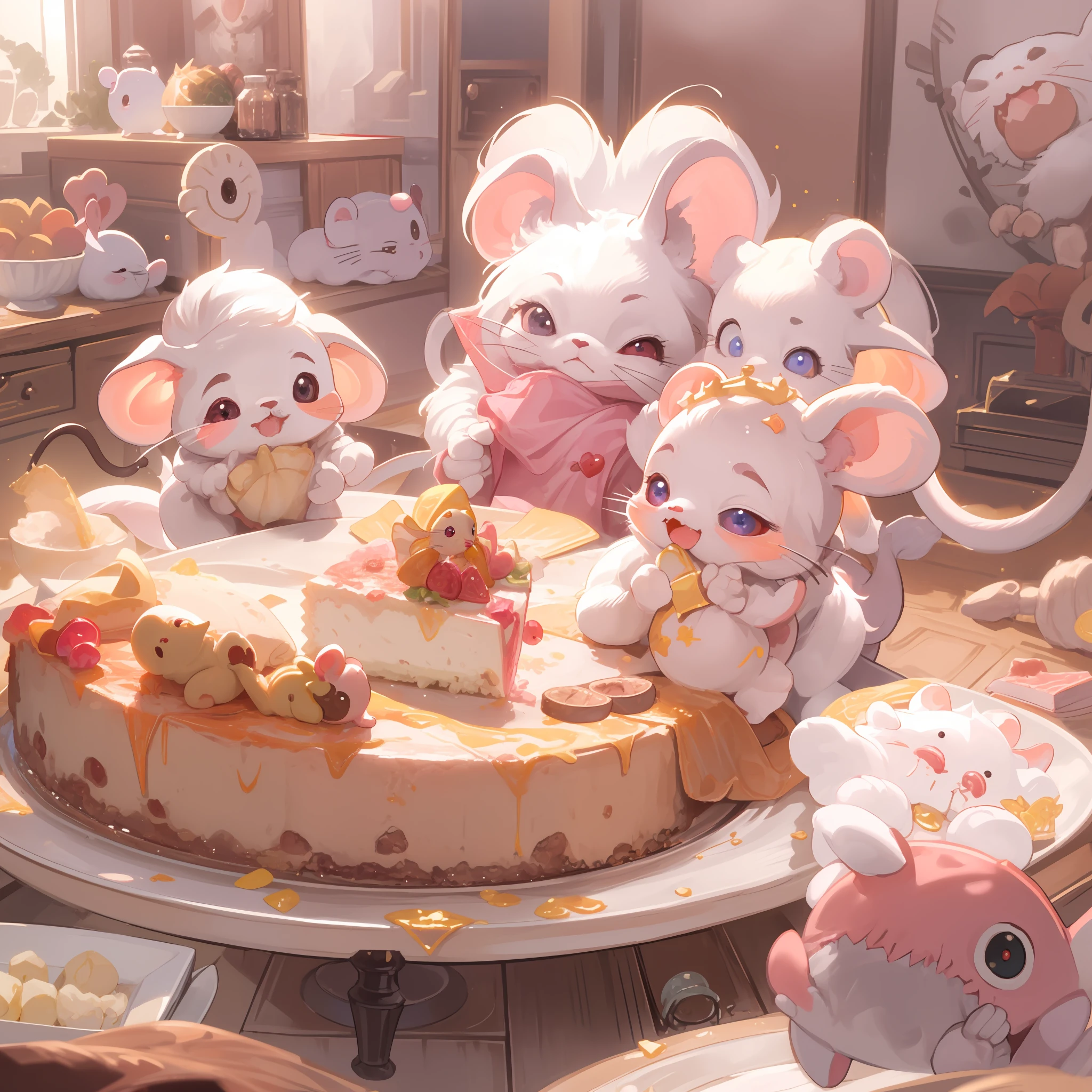 top-quality、8K、​masterpiece、Cute pink mouse steals cheesecake and eats it、Turn around and look at this、Rats are round々And cute