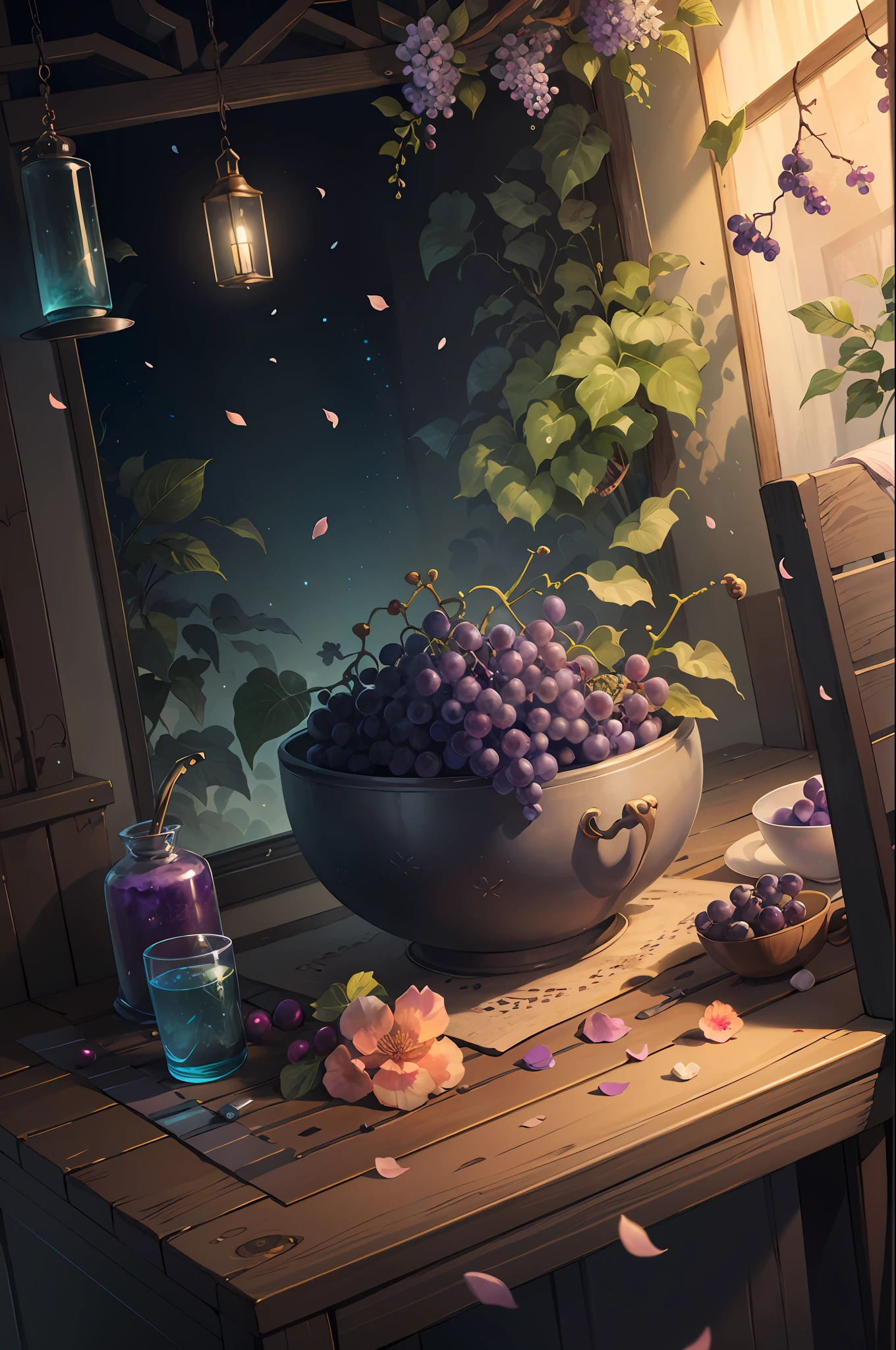 Original，（illustratio：1.1），（best qualtiy），（tmasterpiece：1.1），（the Extremely Detailed CG Unity 8K Wallpapers），（a color：1.2），grape trees，Grape flower petals，scenecy，rios|Wagas，