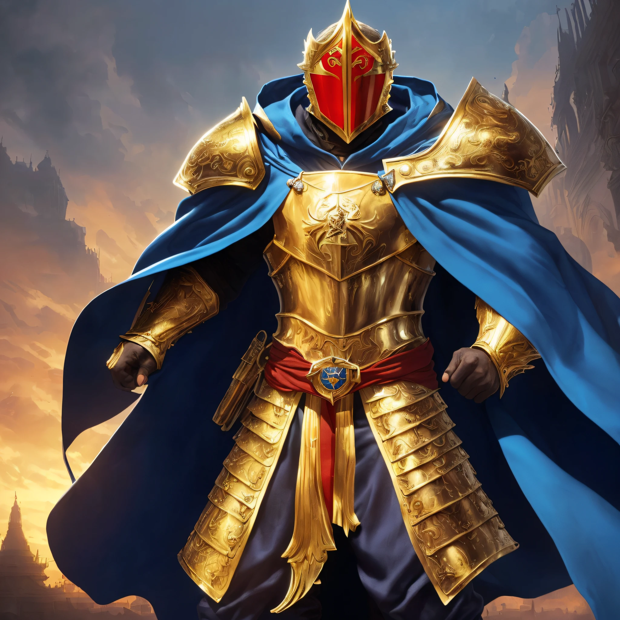 ((Isaac's cloak+gold, Silver, Blue and red armor+Male Grand Knight+Kill the messenger+Messenger of Justice)+(The big mask does not show its face+Great picture))&(High-quality illustrations+Extremely detailed+The details are unbeatable+The heaviness is full)&(Strong muscles+A palatial paradise,The background is magnificent+full body armored))