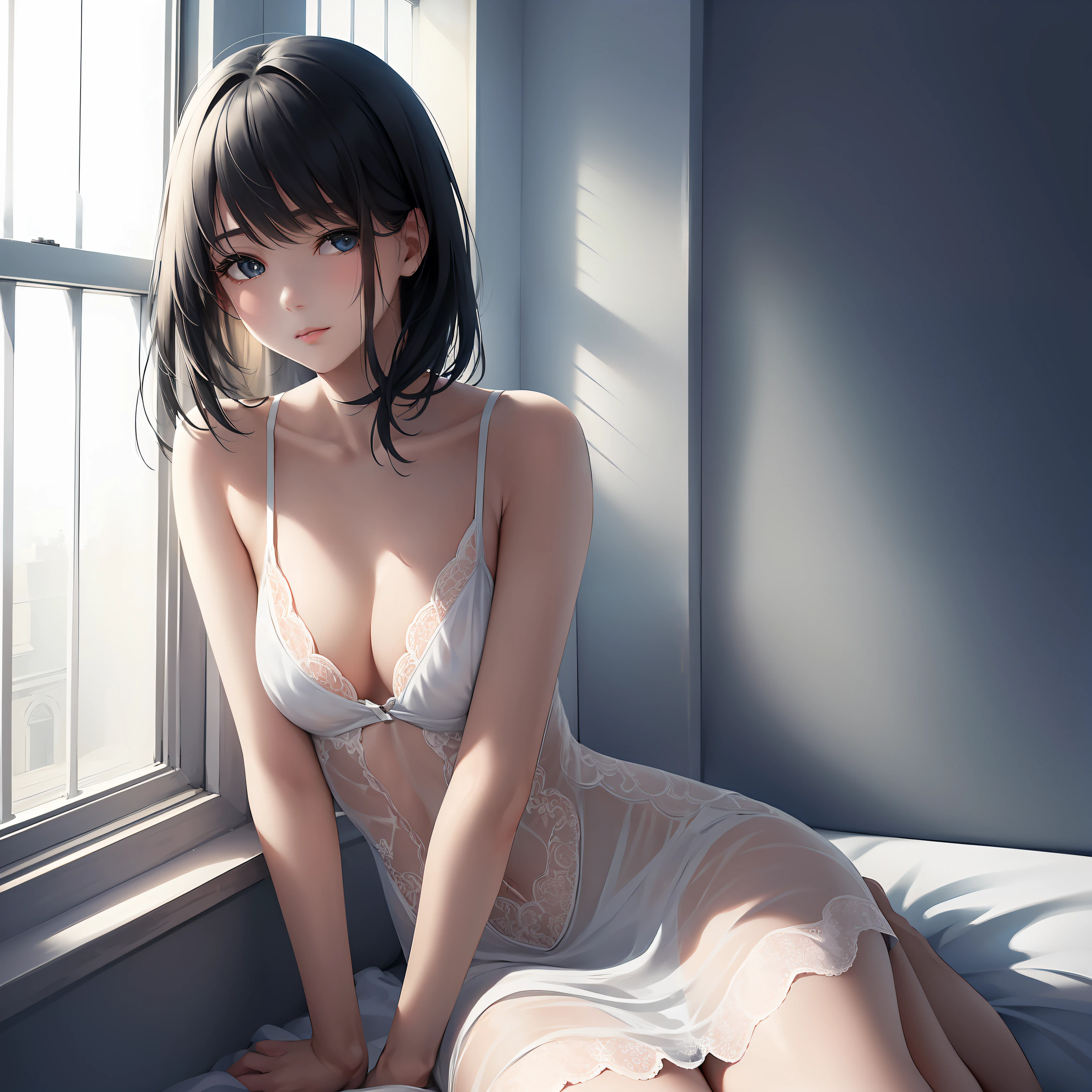 Delicate and detailed eyes,Black hair flutters in the wind,Fine fine skin,Tulle clothes,Girl sitting by the window,Sunlight shines in from outside the windows
