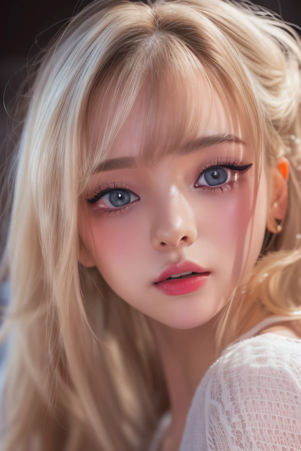 (8k, 4k, best quality, highres, ultra high res:1.1), (masterpiece, realistic, photo-realistic:1.1), 1girl, face, close-up, twintails, blonde hair, black eyes, red lips, (looking at viewer:2), absurdly long hair, long eyelashes, eyeshadow, small face, big eyes,
bare shoulders,
high contrast,