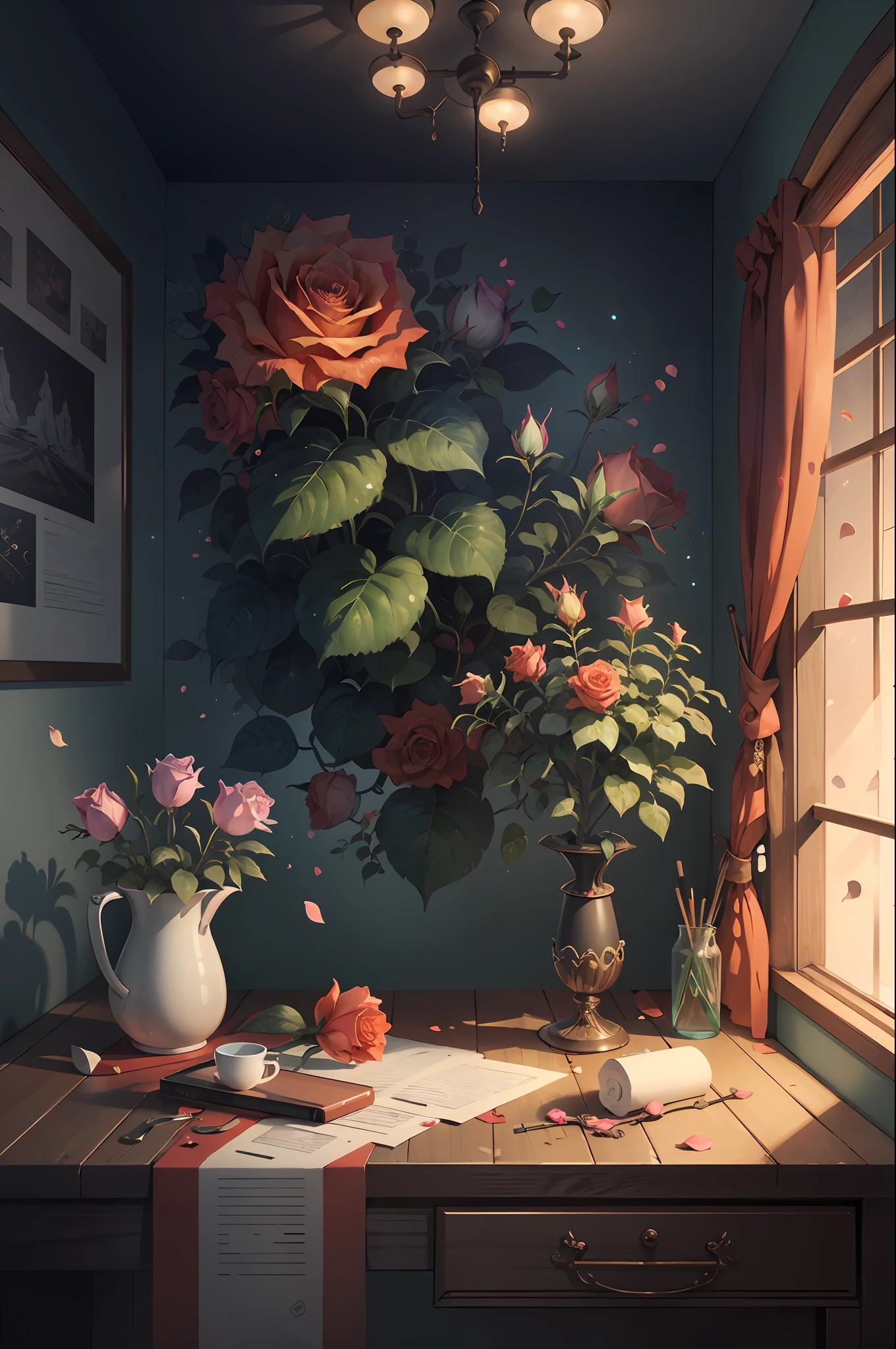 Original,(illustratio:1.1),(best qualtiy),(tmasterpiece:1.1),(the Extremely Detailed CG Unity 8K Wallpapers),(a color:1.2),Rose bushes,rose petals,scenecy,rios|Wagas,