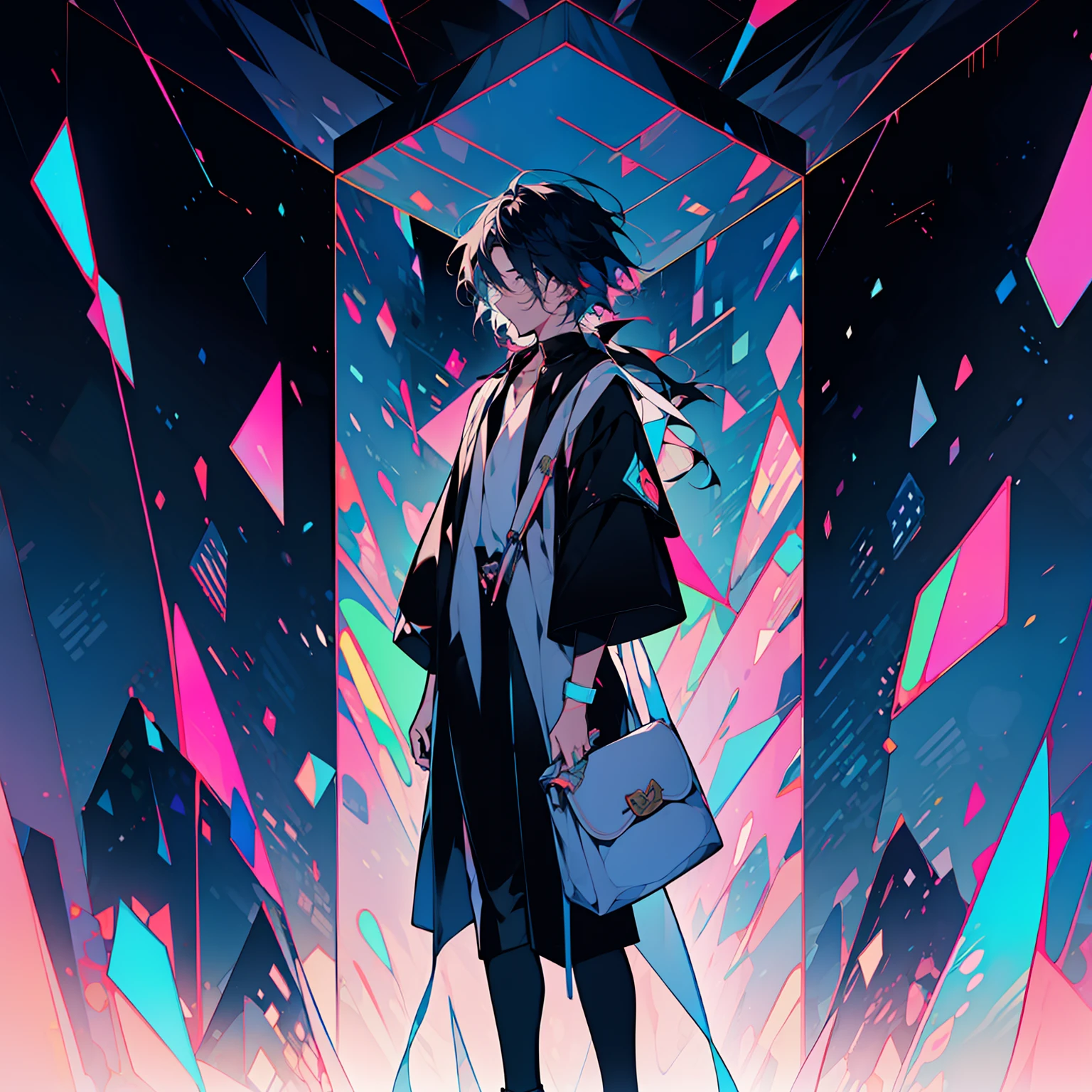 High-quality diagrams,A ager,Tall guy,Black pick dye semi-long hair。Handsome,Standing with a bag in one hand,The other hand is placed on the chin,Gradient hair color,Gradient black-blue hair,Crystal-like hair,The inside is dyed blue,Black hair on the outside,Handsome boy,Long black hair, blue hair at the end of the hair, Dyeing