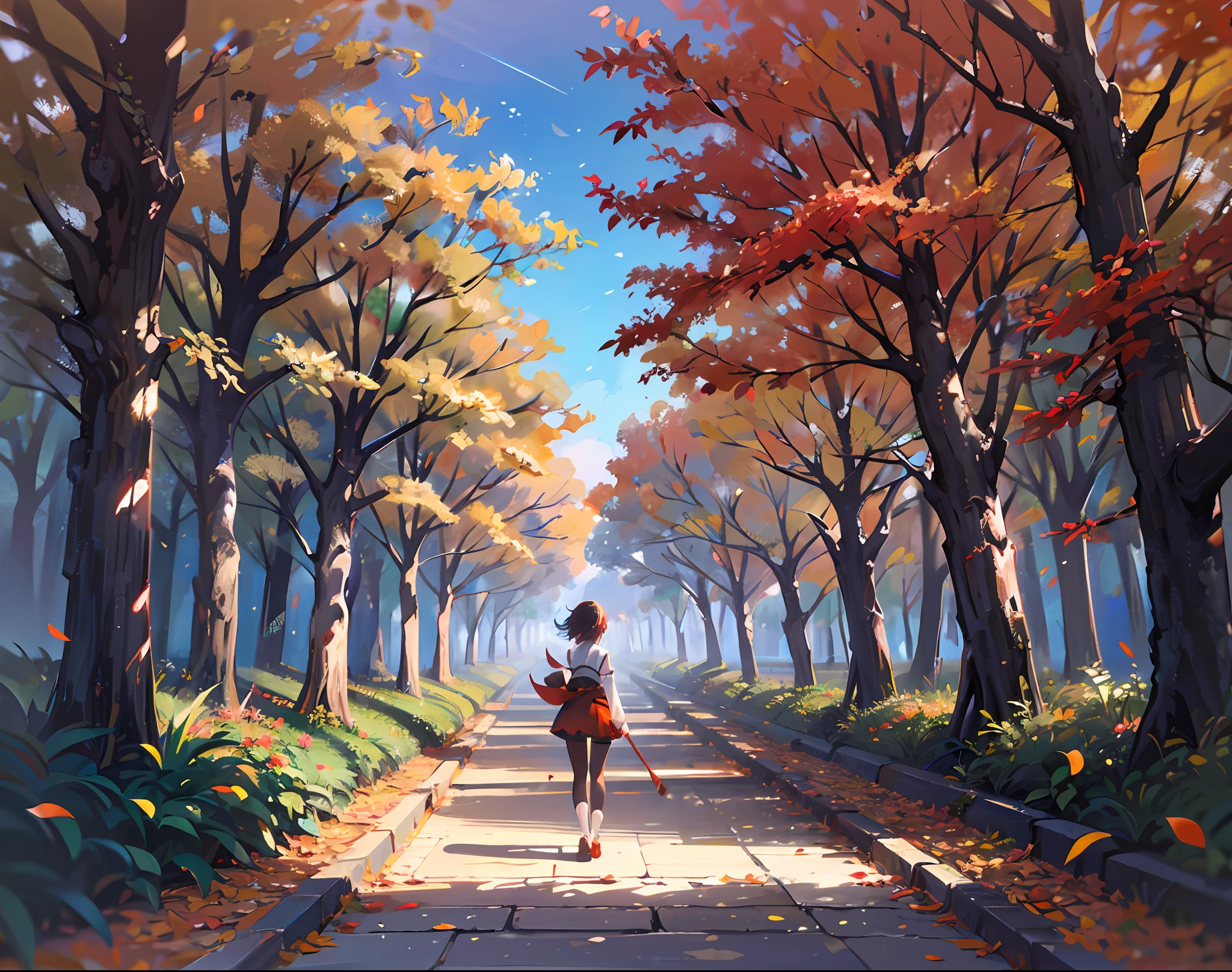 No humans, Anime landscapes, autumnal, Skysky, ​​clouds,naturey、Autumn leaves in the air、momiji、Makoto Shinkai's painting style,​masterpiece、unmanned、top-quality、The ultra-detailliert、unmanned