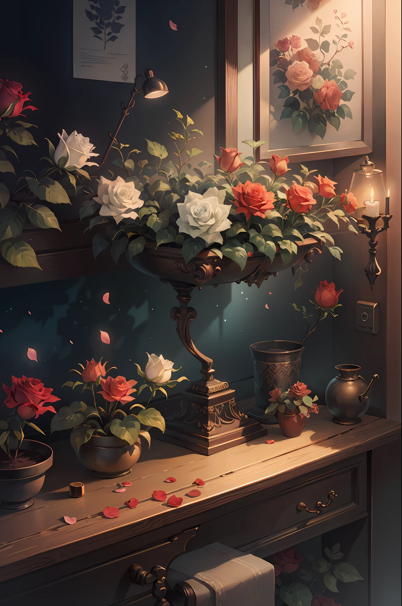 Original,(illustratio:1.1),(best qualtiy),(tmasterpiece:1.1),(the Extremely Detailed CG Unity 8K Wallpapers),(a color:1.2),Rose bushes,rose petals,scenecy,rios|Wagas,