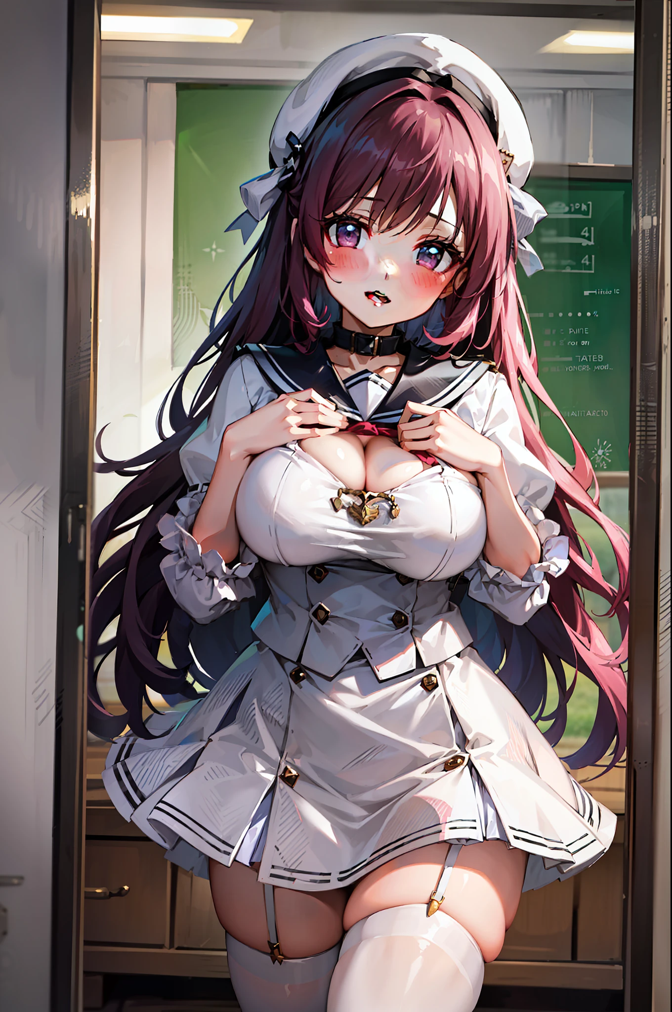 Lori huge breasts cleavage,White sailor suit,Wearing a white berets,Hands on skirts reveal white panties,Beth,Face the mirror,In a pink room,There are a lot of rag dolls around,Blush on the face,cabelos preto e longos,There is a pink bow behind the hair,flatchest