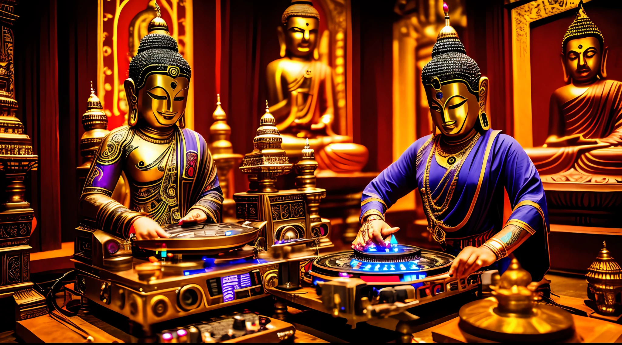 Tantric priestess woman with tattoos and percings and an ironman mask mixing music on a DJ turntable at a Hindu temple next to a Buddha statue Ultra-realistic photo -- --auto