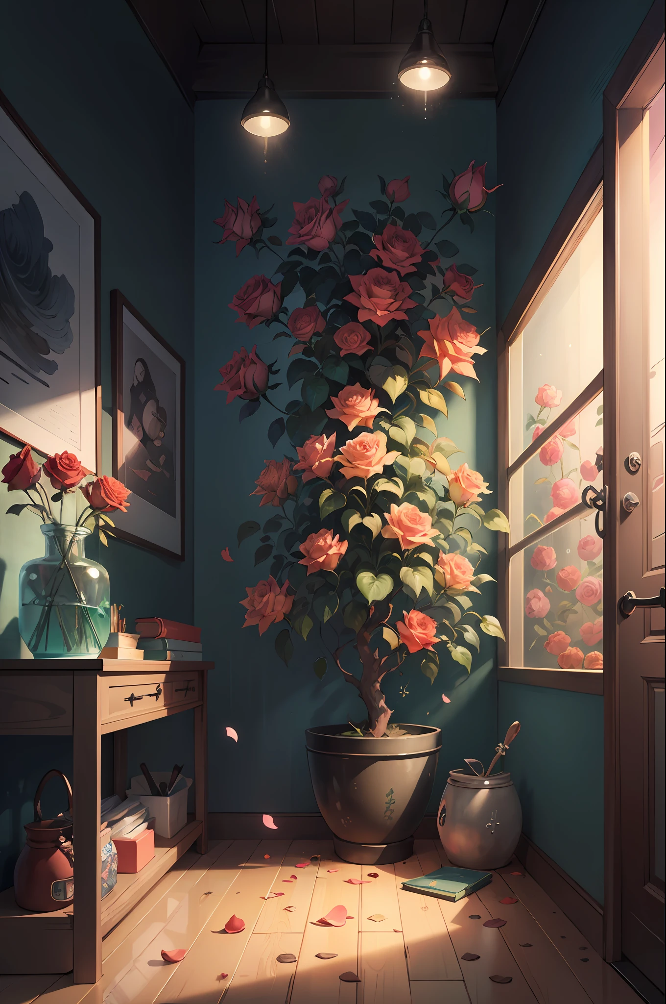Original,(illustratio:1.1),(best qualtiy),(tmasterpiece:1.1),(the Extremely Detailed CG Unity 8K Wallpapers),(a color:1.2),Rose bushes,rose petals,scenecy,rios|Wagas,