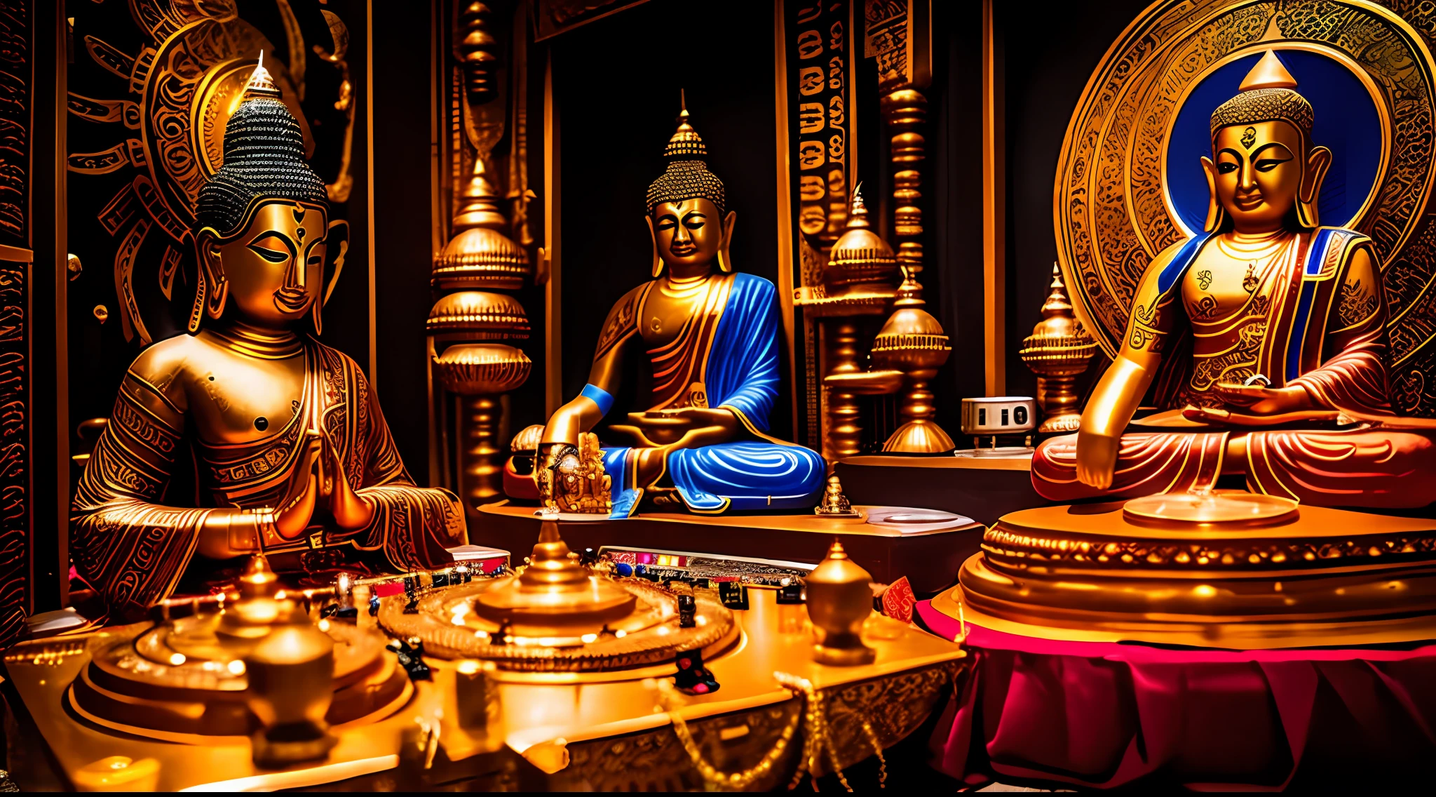 Tantric priestess woman with tattoos and percings and an ironman mask mixing music on a DJ turntable at a Hindu temple next to a Buddha statue Ultra-realistic photo -- --auto