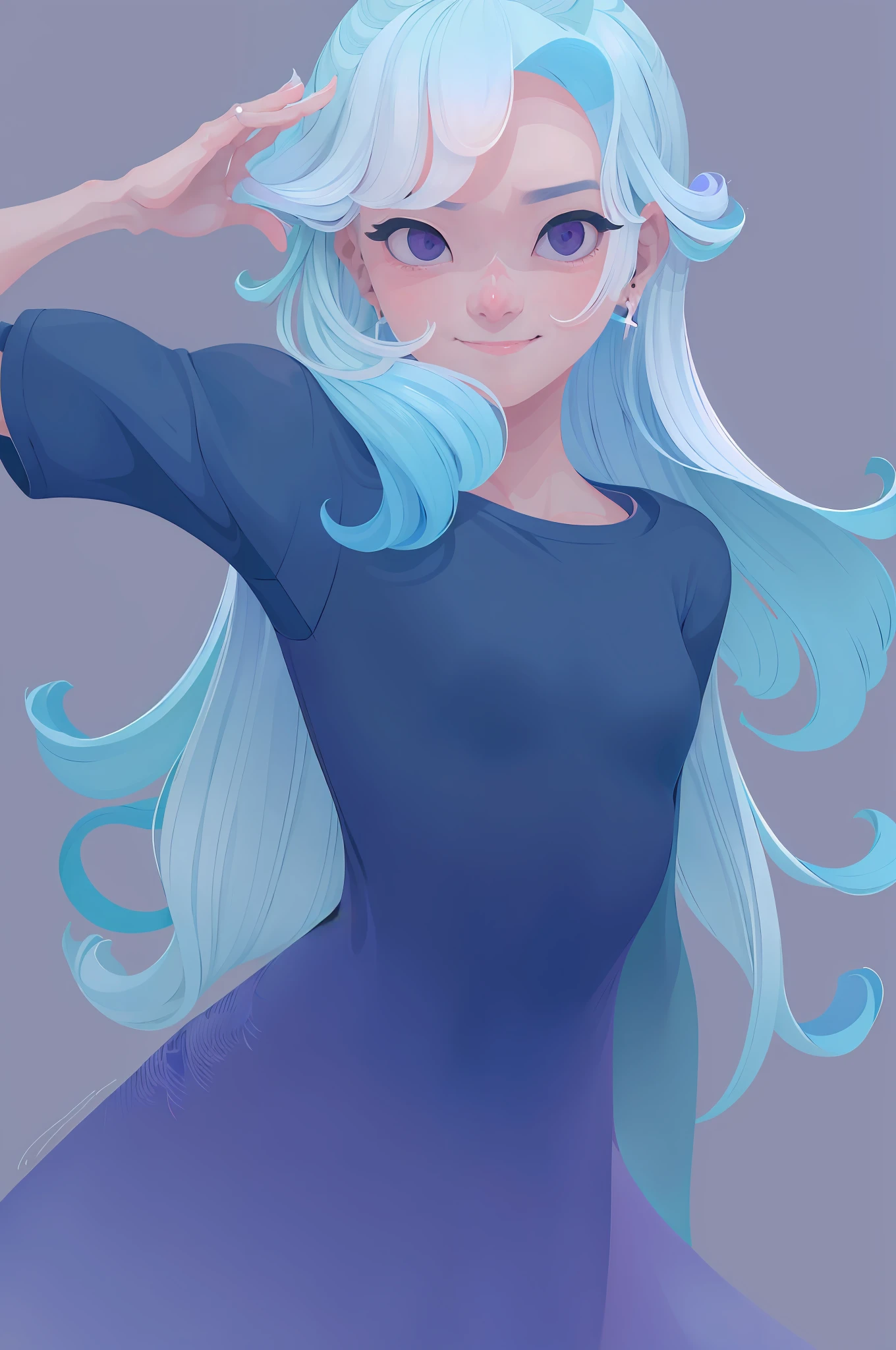 Pastel color, 1girll, Solo, Long hair, view the viewer, Smile, Simple background, shirt, jewelry,full bodyesbian, Blue hair, Earrings, greybackground, a purple eye, black shadows, Blue shirt, Portrait,Flat color